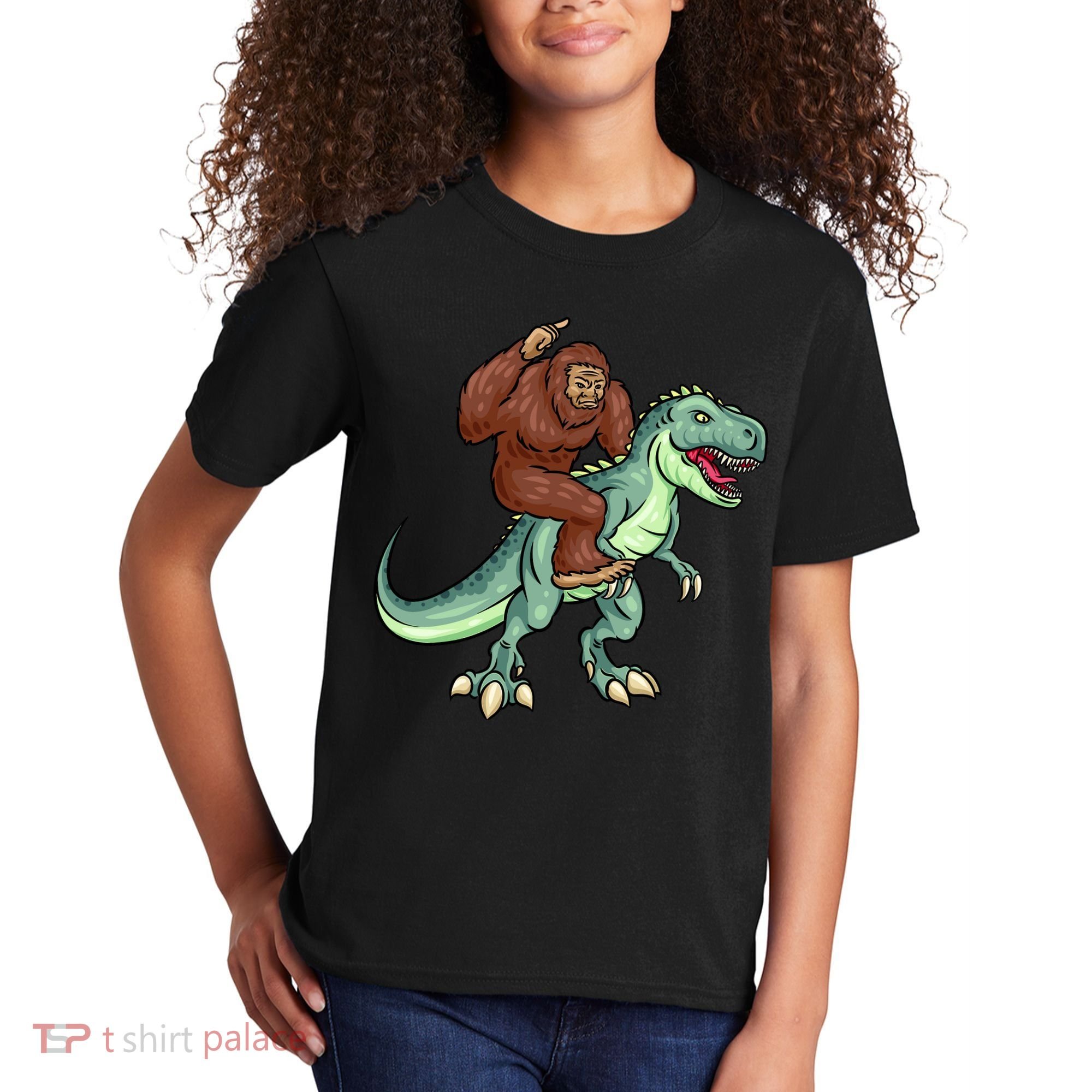 Funny Bigfoot Riding T Rex Funny Bigfoot Dinosaur Kids T-Shirt