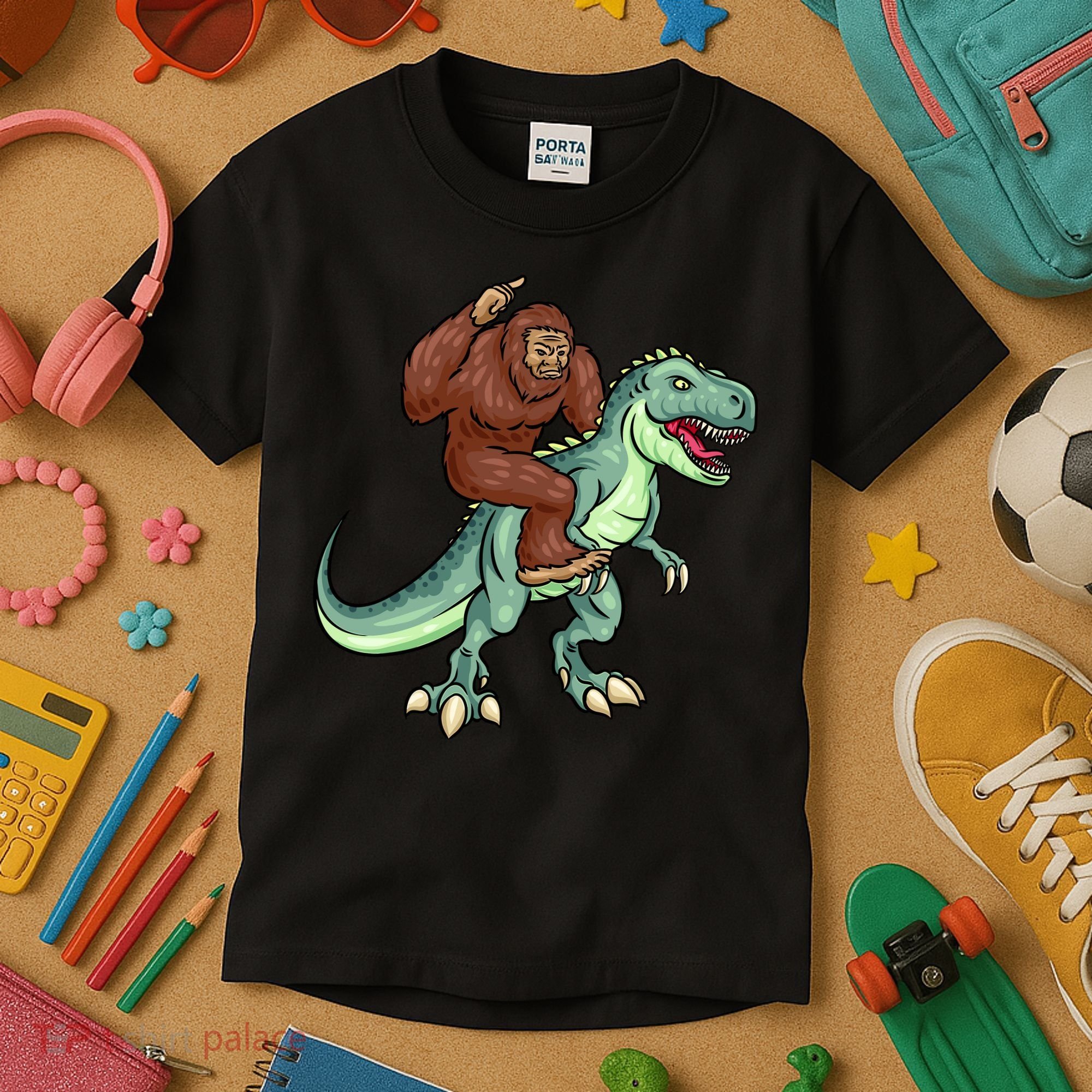 Funny Bigfoot Riding T Rex Funny Bigfoot Dinosaur Kids T-Shirt
