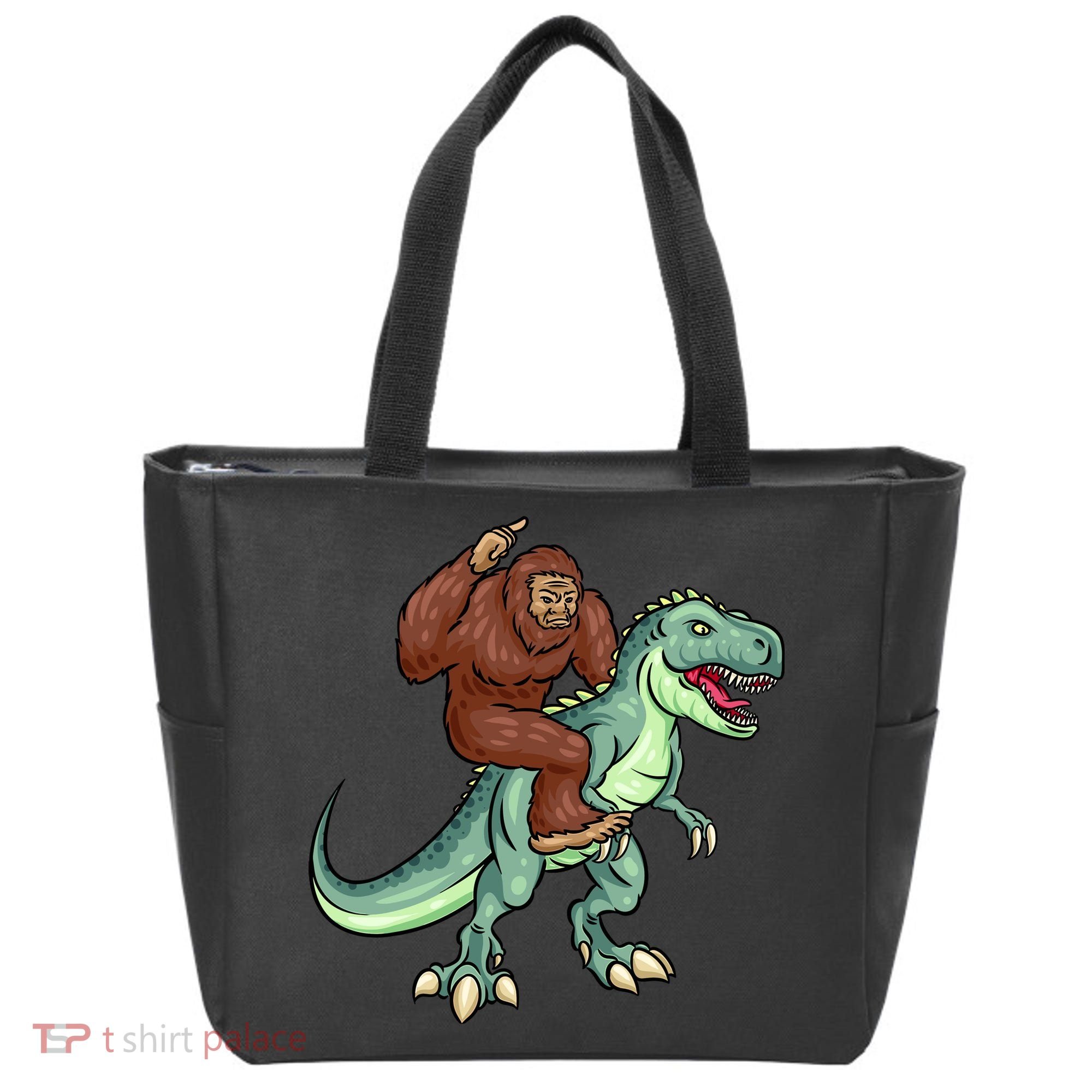 Funny Bigfoot Riding T Rex Funny Bigfoot Dinosaur Tote Bag