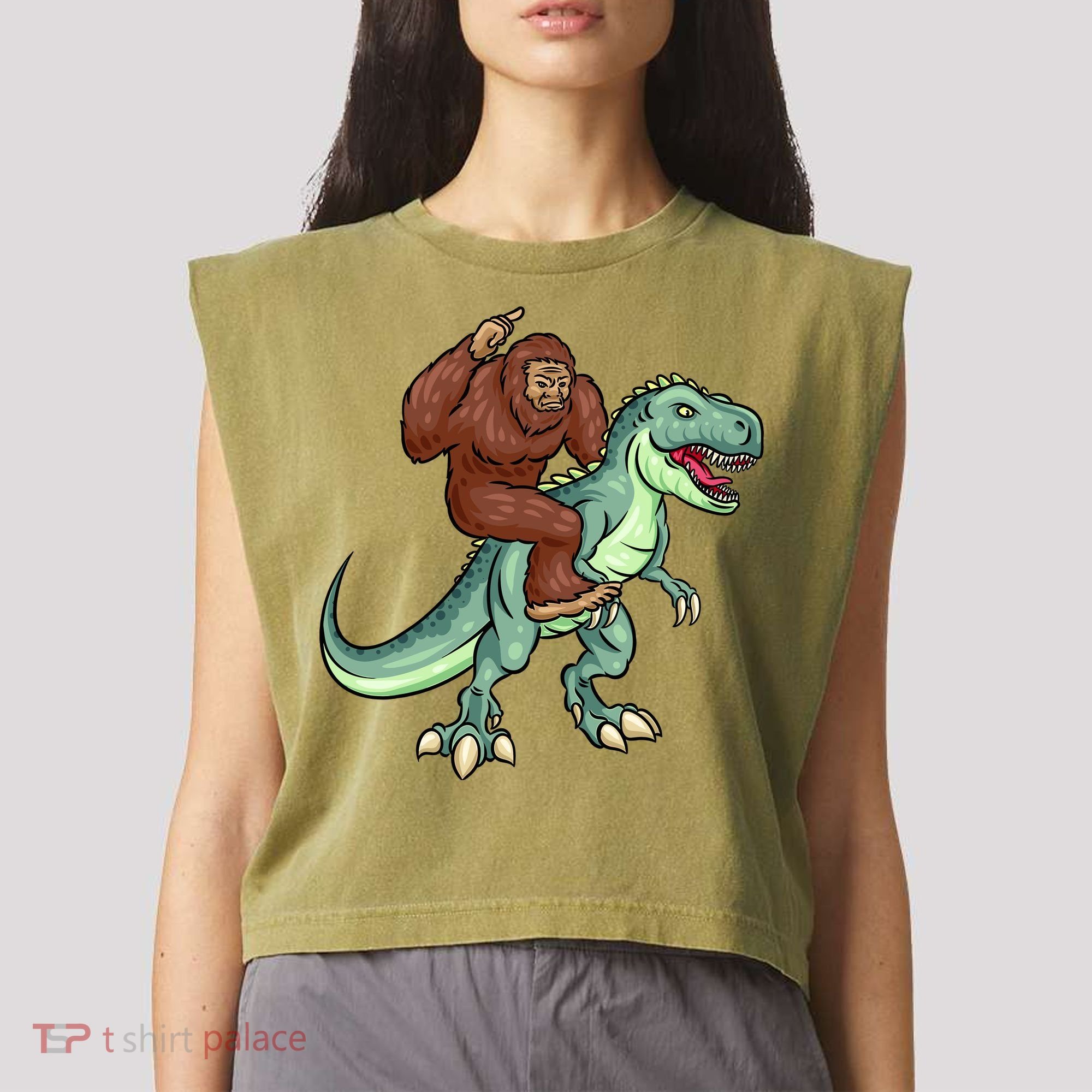 Funny Bigfoot Riding T Rex Funny Bigfoot Dinosaur Garment-Dyed Women's Muscle Tee