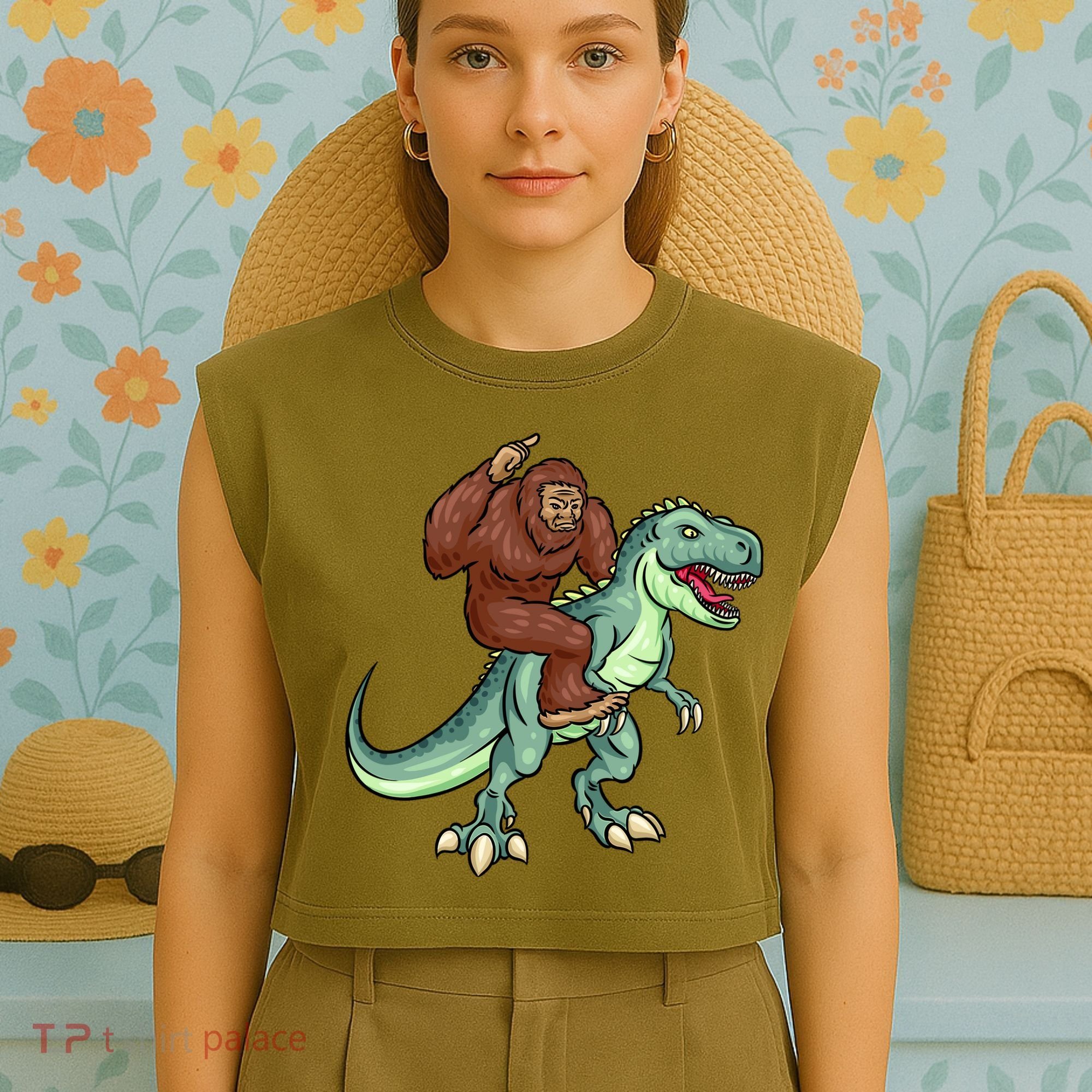 Funny Bigfoot Riding T Rex Funny Bigfoot Dinosaur Garment-Dyed Women's Muscle Tee