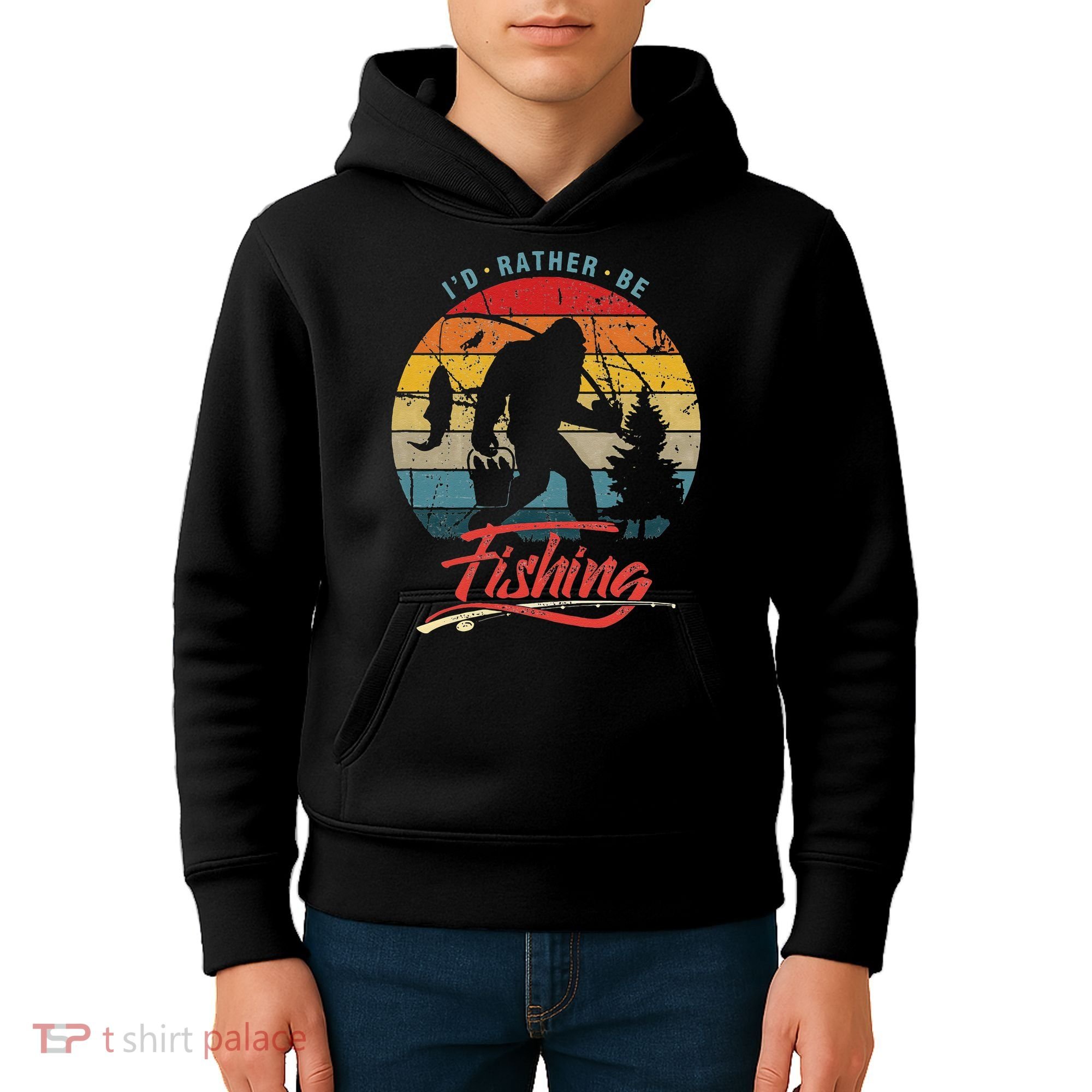 Funny Bigfoot Sasquatch Id Rather Be Fishing Kids Hoodie