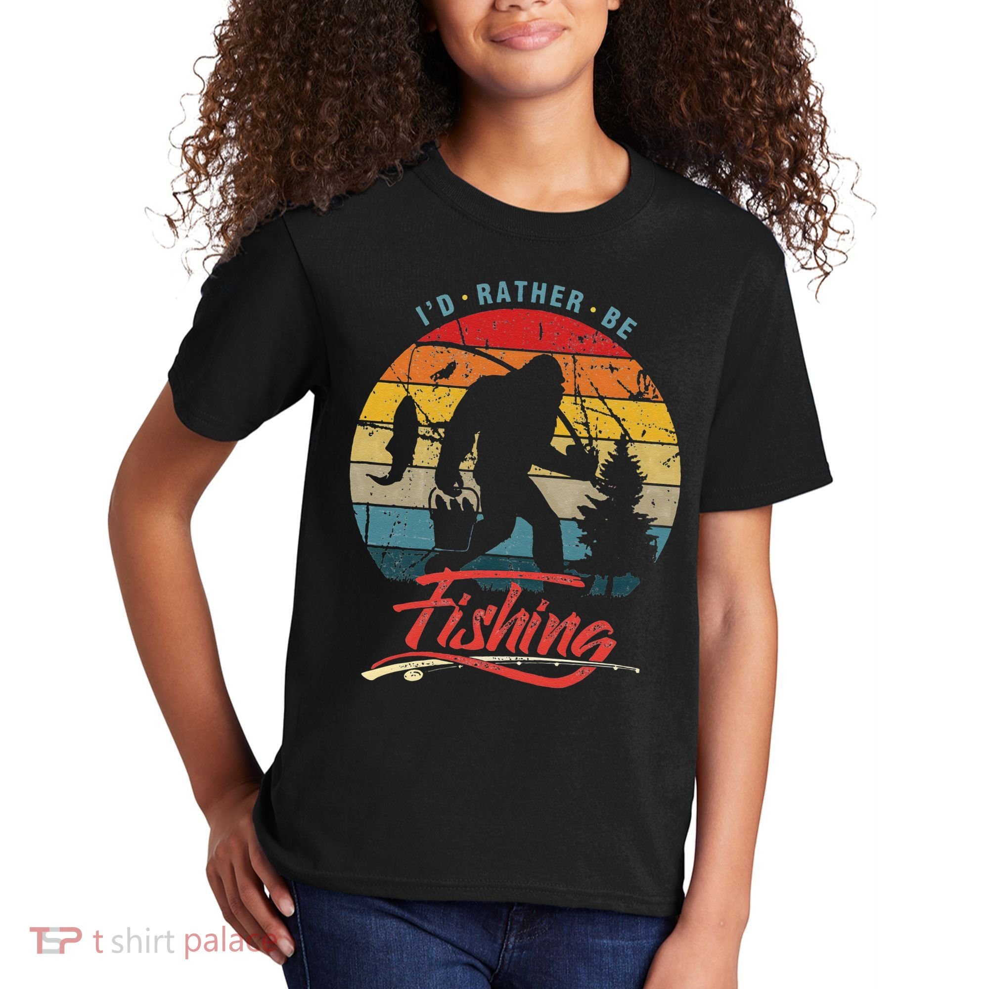 Funny Bigfoot Sasquatch Id Rather Be Fishing Kids T-Shirt