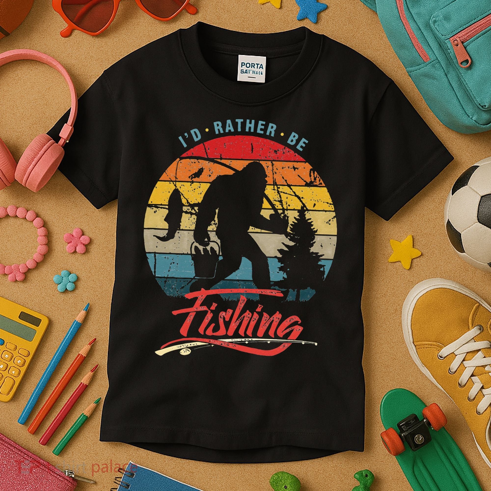 Funny Bigfoot Sasquatch Id Rather Be Fishing Kids T-Shirt