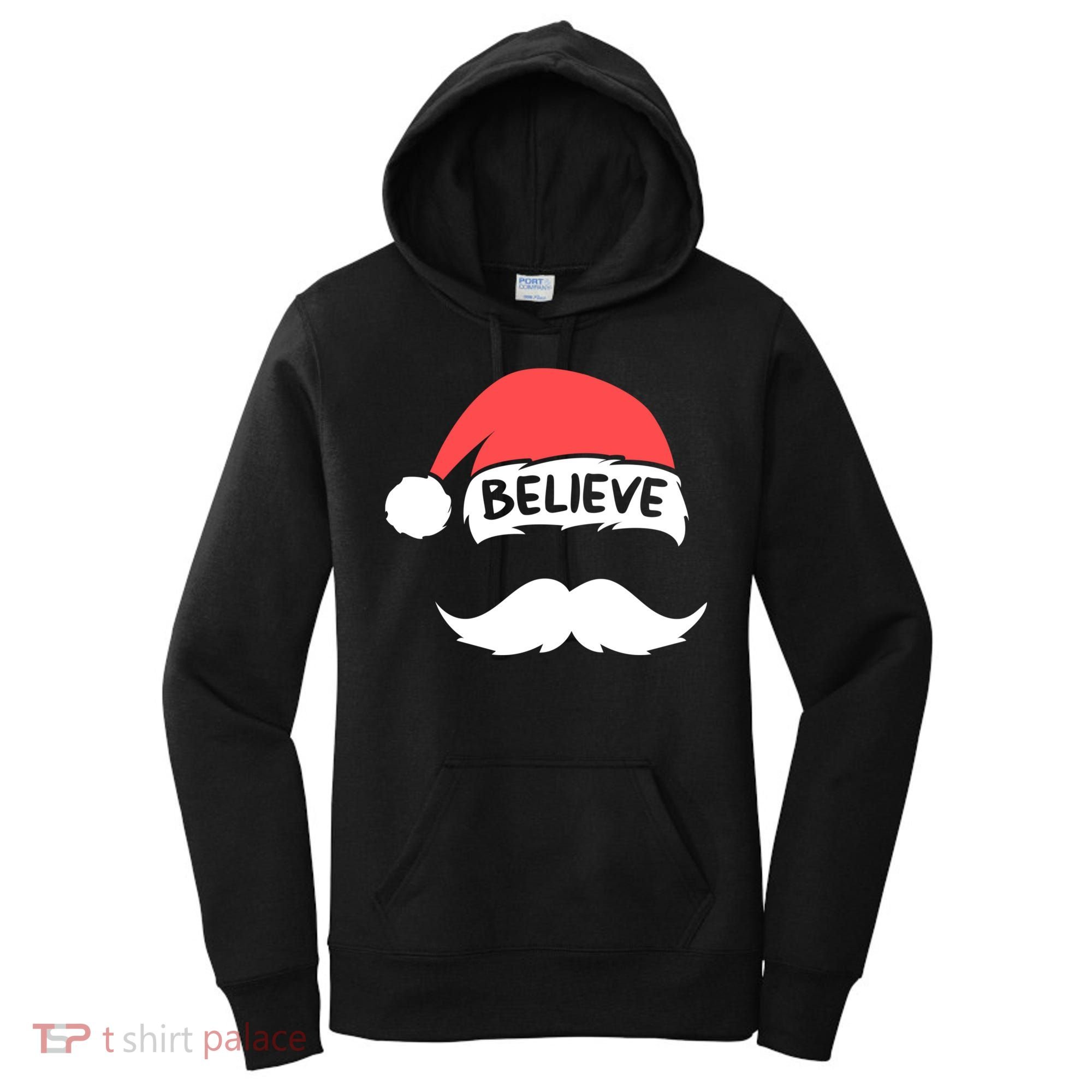 Funny Believe Santa Hat White Mustache Kids Family Christmas Women's Hoodie