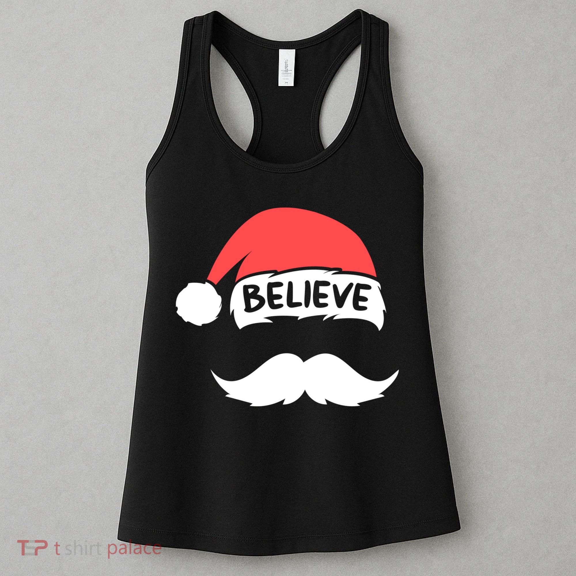 Funny Believe Santa Hat White Mustache Kids Family Christmas Women's Tank Top