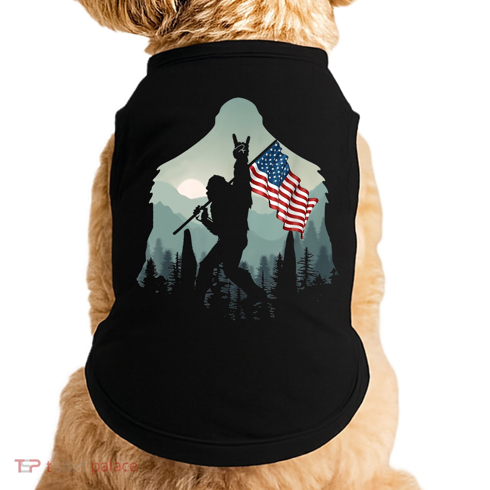 Funny Bigfoot Sasquatch Rock And Roll American Flags Tee Doggie Tank