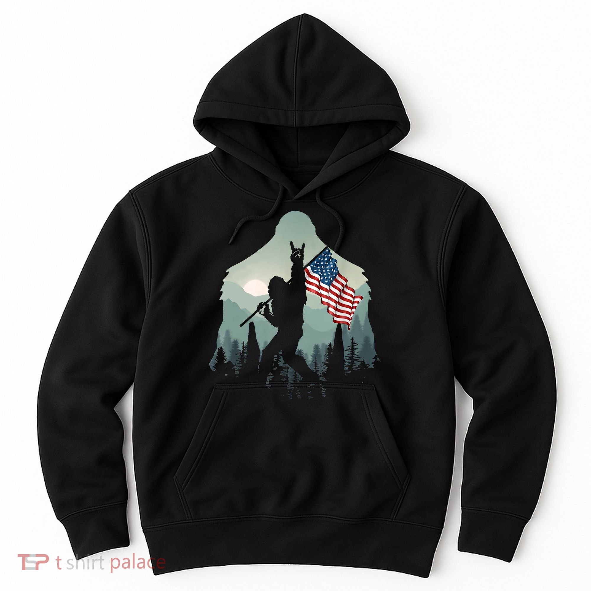 Funny Bigfoot Sasquatch Rock And Roll American Flags Tee Hoodie