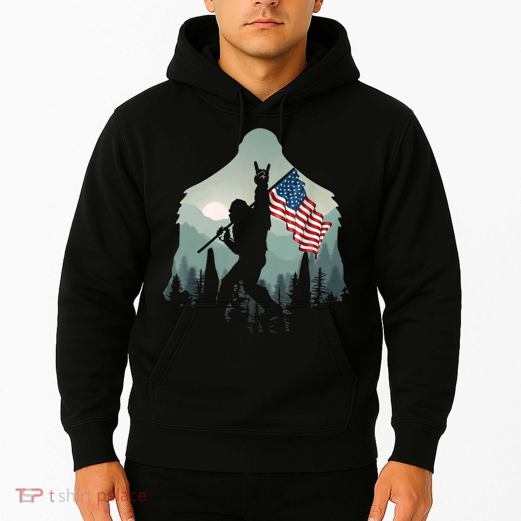 Funny Bigfoot Sasquatch Rock And Roll American Flags Tee Hoodie