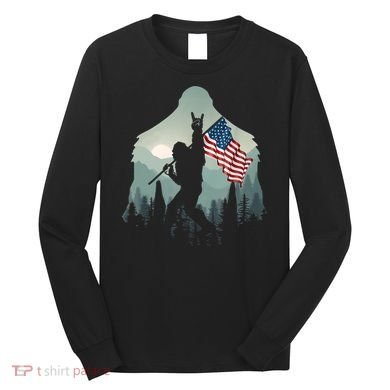 Funny Bigfoot Sasquatch Rock And Roll American Flags Tee Long Sleeve Shirt