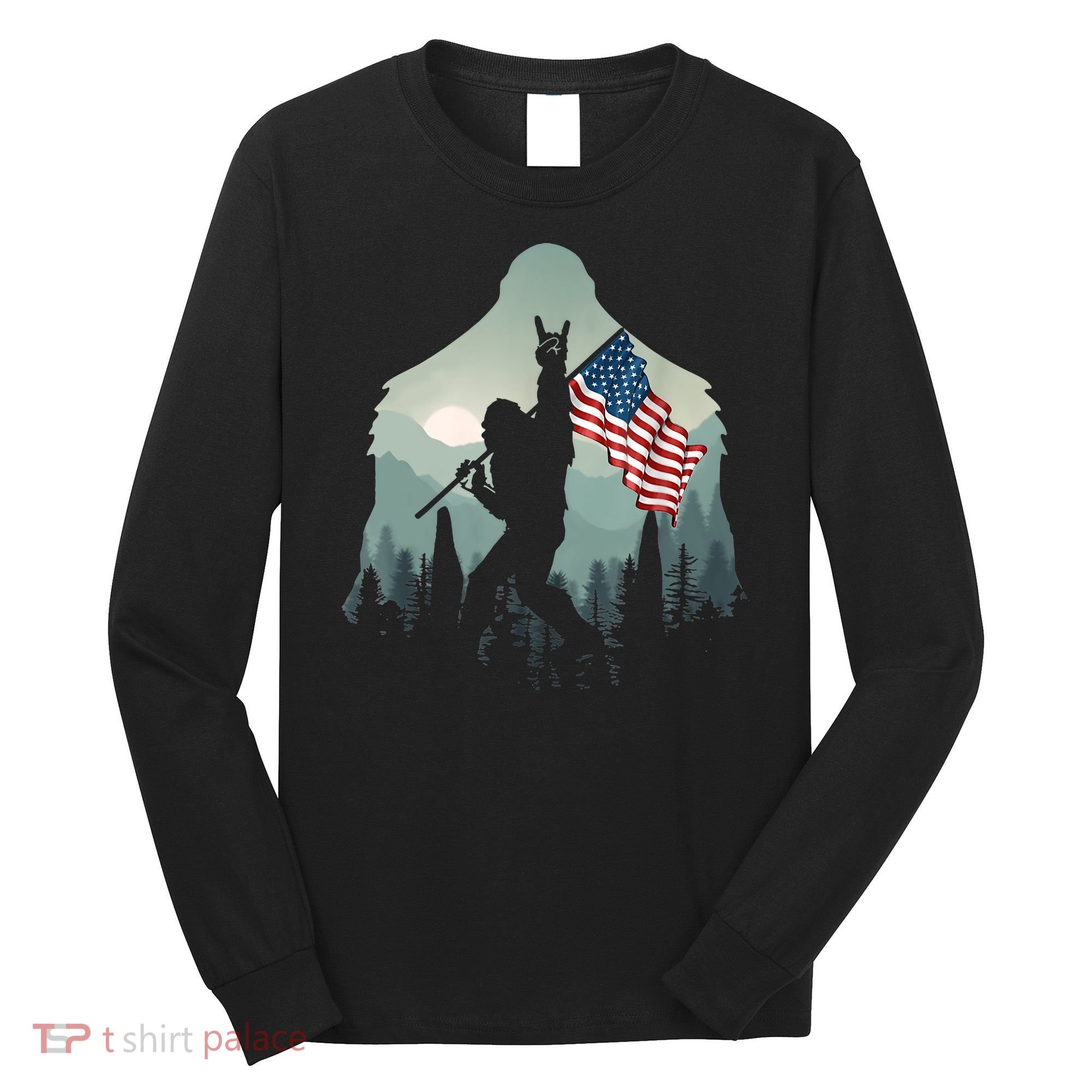Funny Bigfoot Sasquatch Rock And Roll American Flags Tee Long Sleeve Shirt