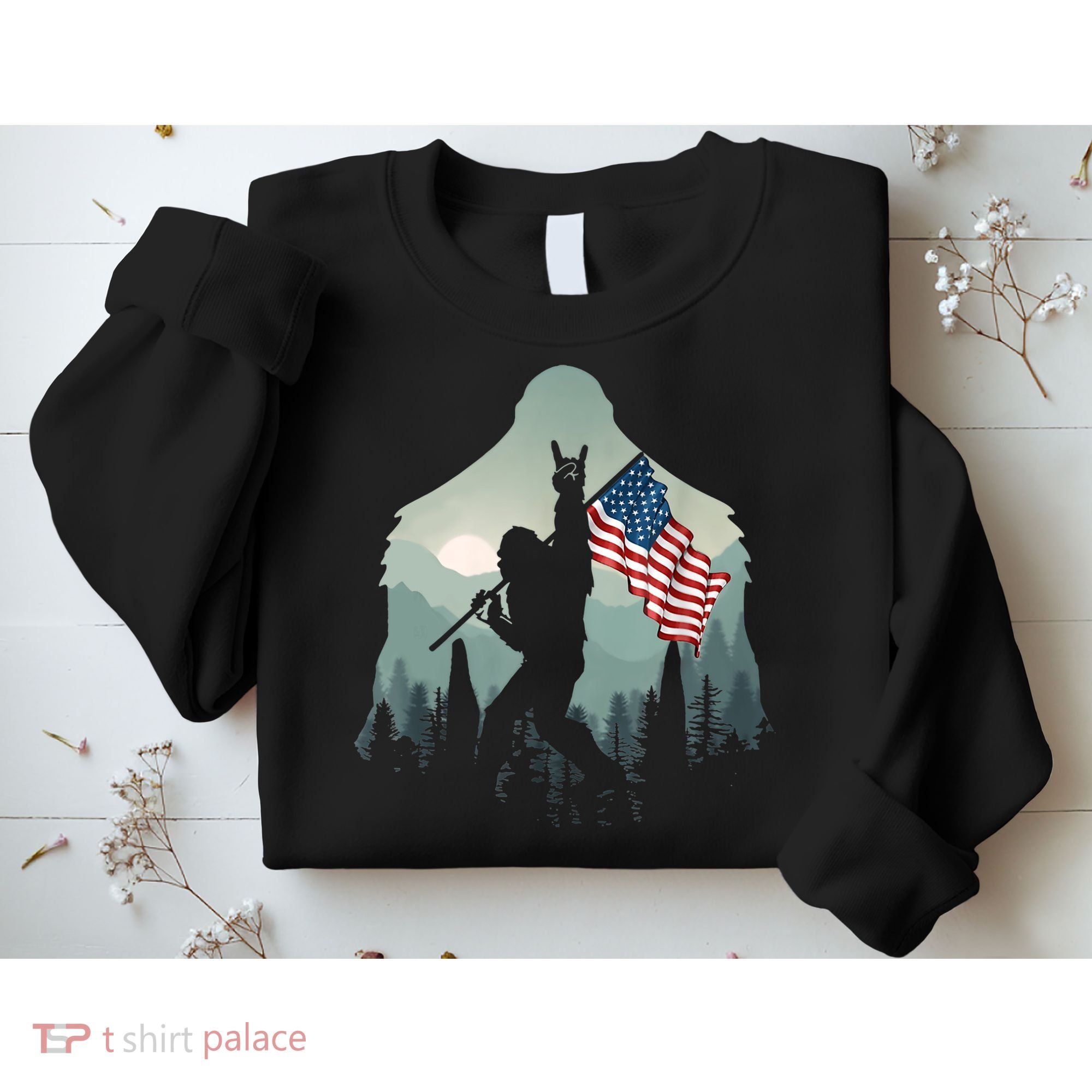 Funny Bigfoot Sasquatch Rock And Roll American Flags Tee Sweatshirt