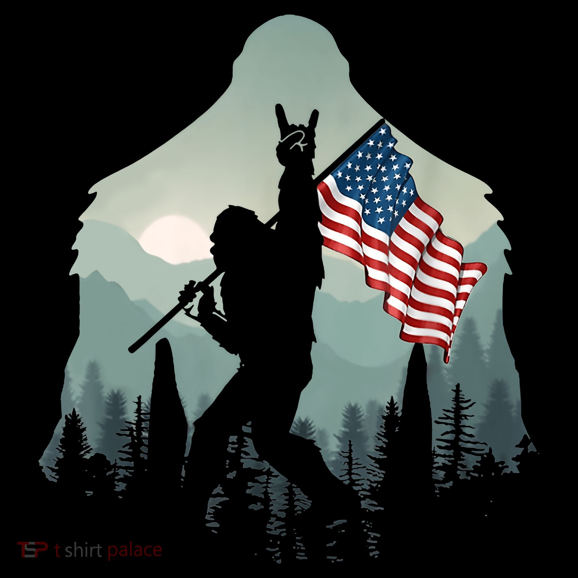 Funny Bigfoot Sasquatch Rock And Roll American Flags Tee Sweatshirt