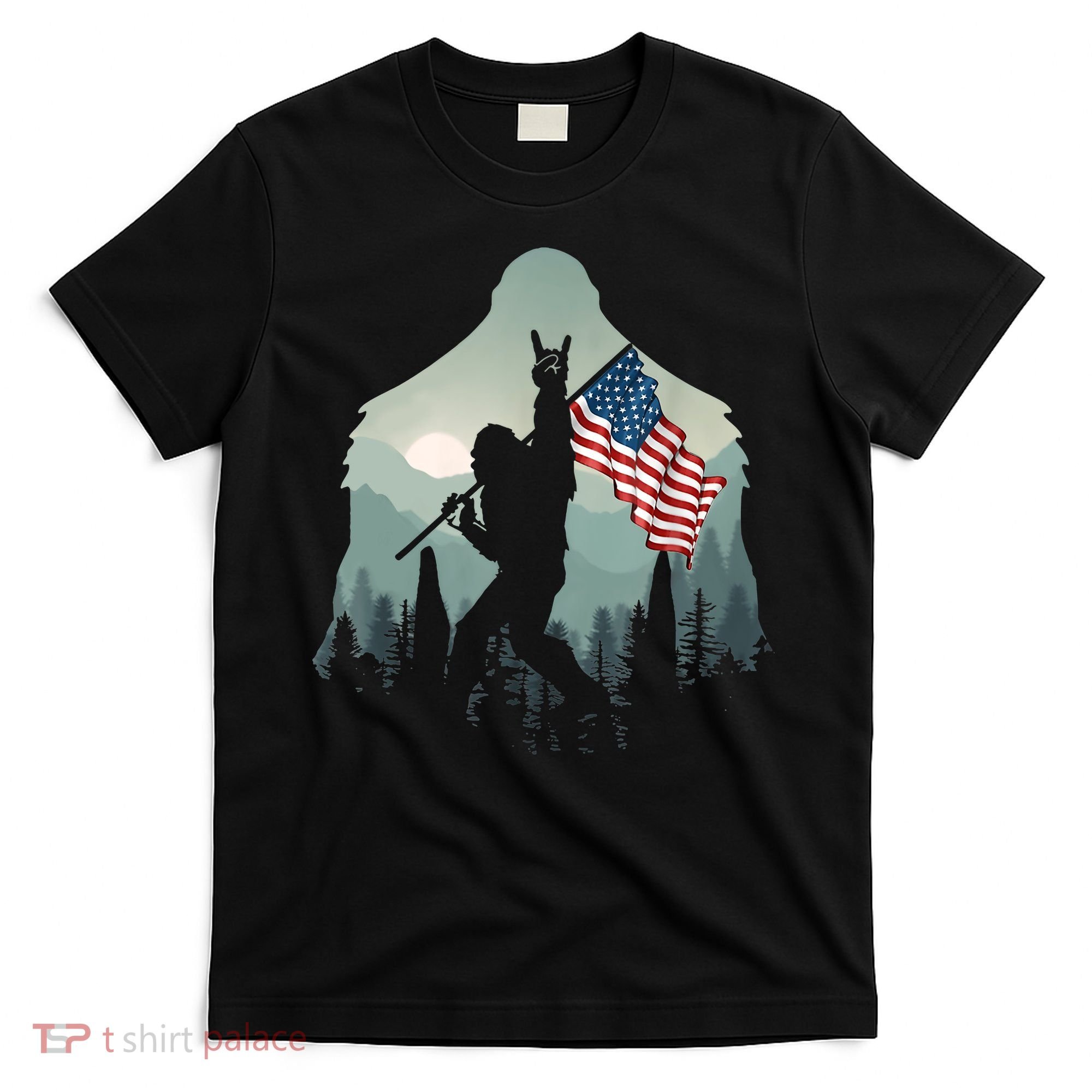 Funny Bigfoot Sasquatch Rock And Roll American Flags Tee T-Shirt