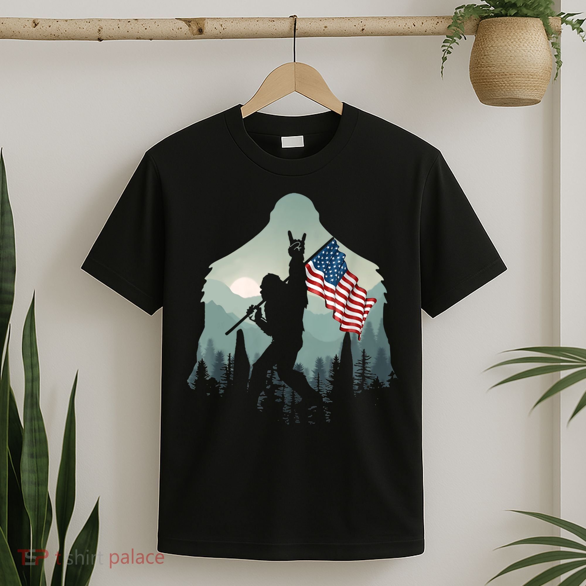 Funny Bigfoot Sasquatch Rock And Roll American Flags Tee T-Shirt
