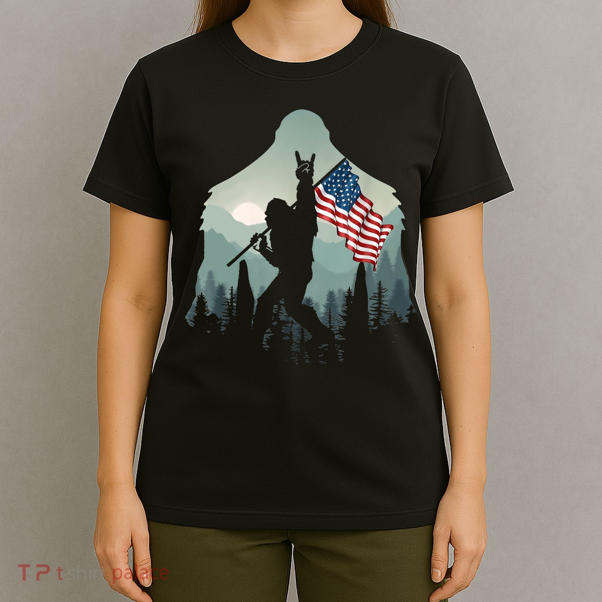 Funny Bigfoot Sasquatch Rock And Roll American Flags Tee T-Shirt