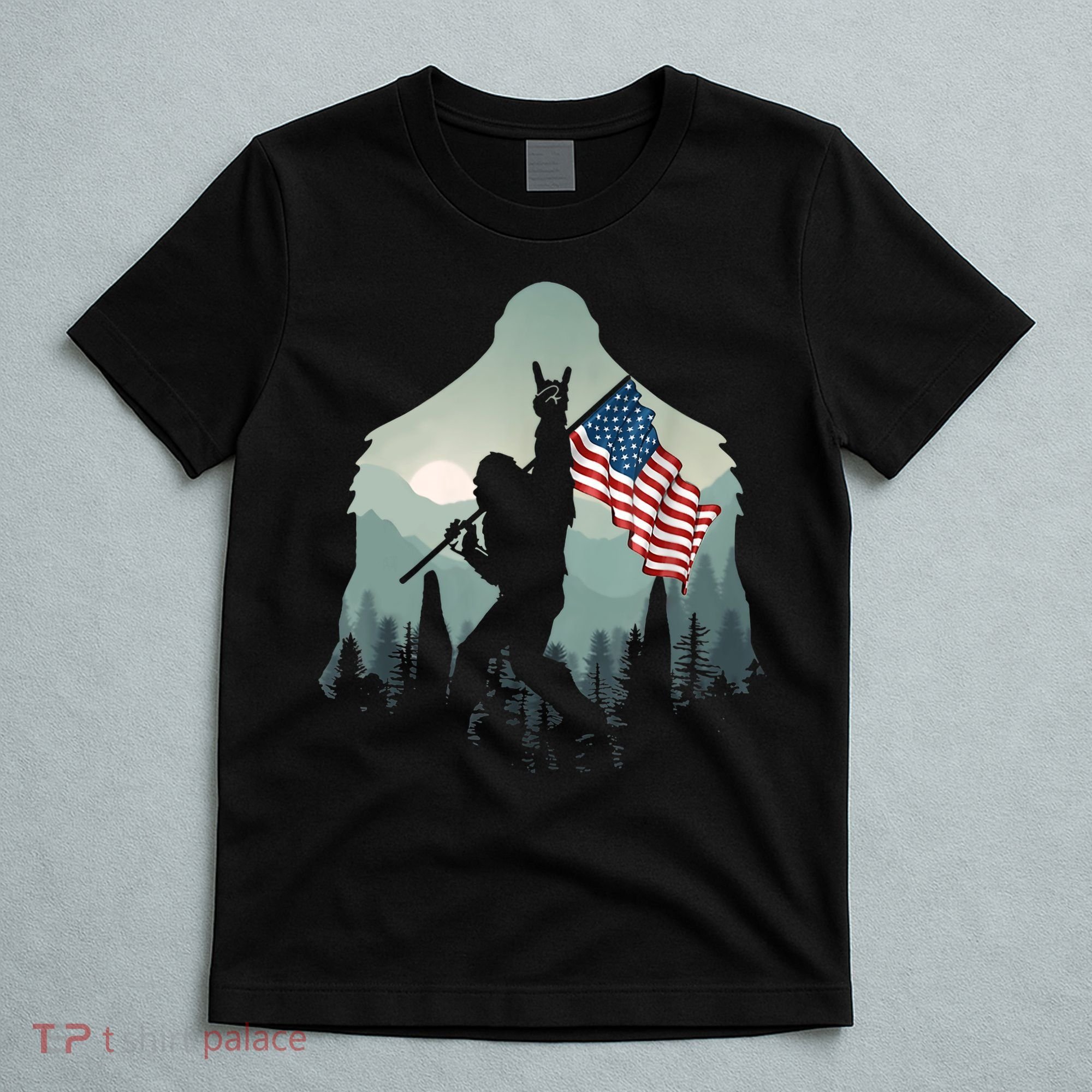 Funny Bigfoot Sasquatch Rock And Roll American Flags Tee T-Shirt