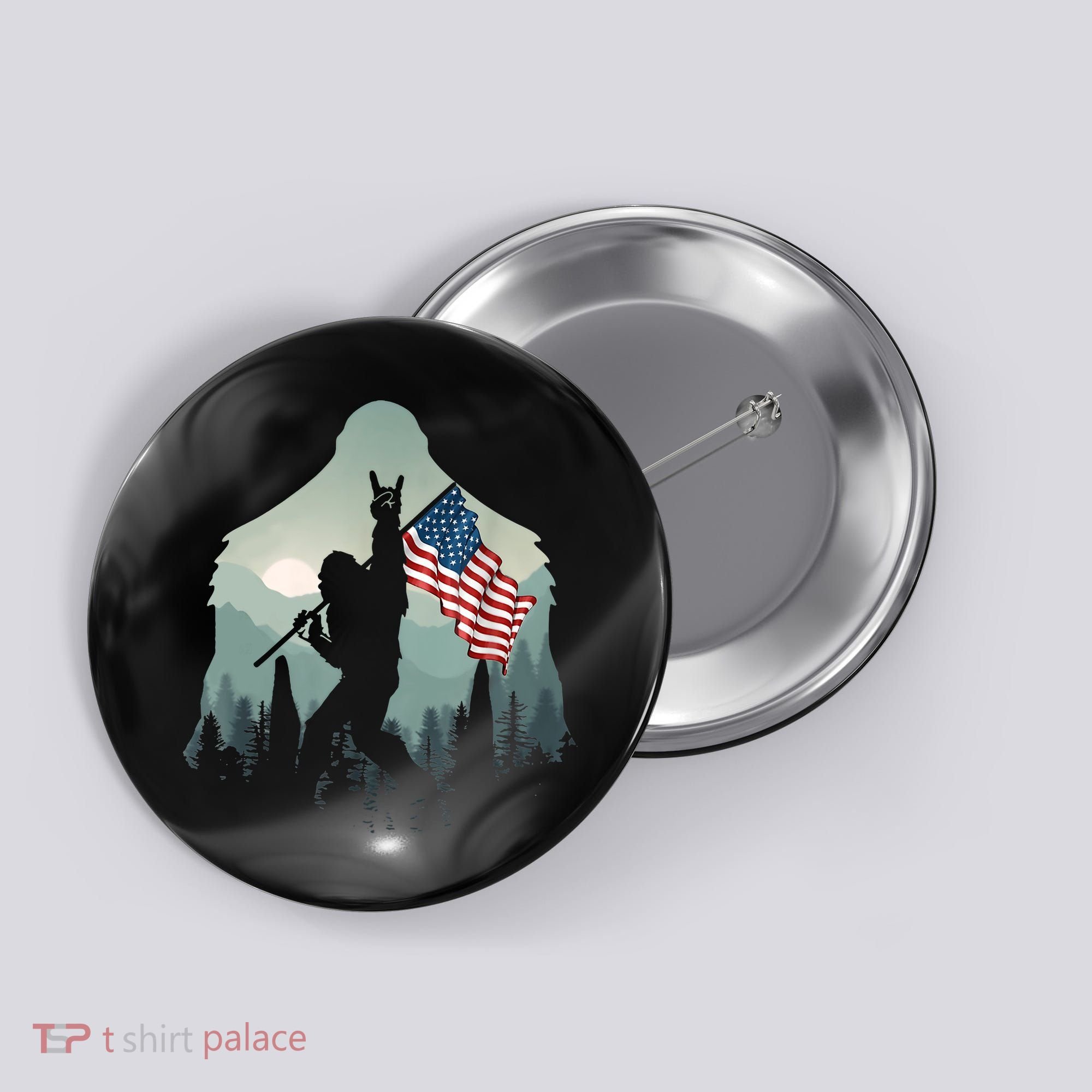 Funny Bigfoot Sasquatch Rock And Roll American Flags Tee Button