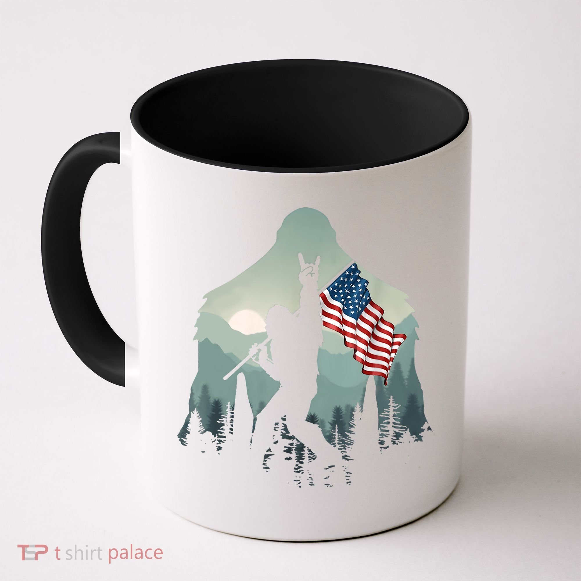 Funny Bigfoot Sasquatch Rock And Roll American Flags Tee Coffee Mug