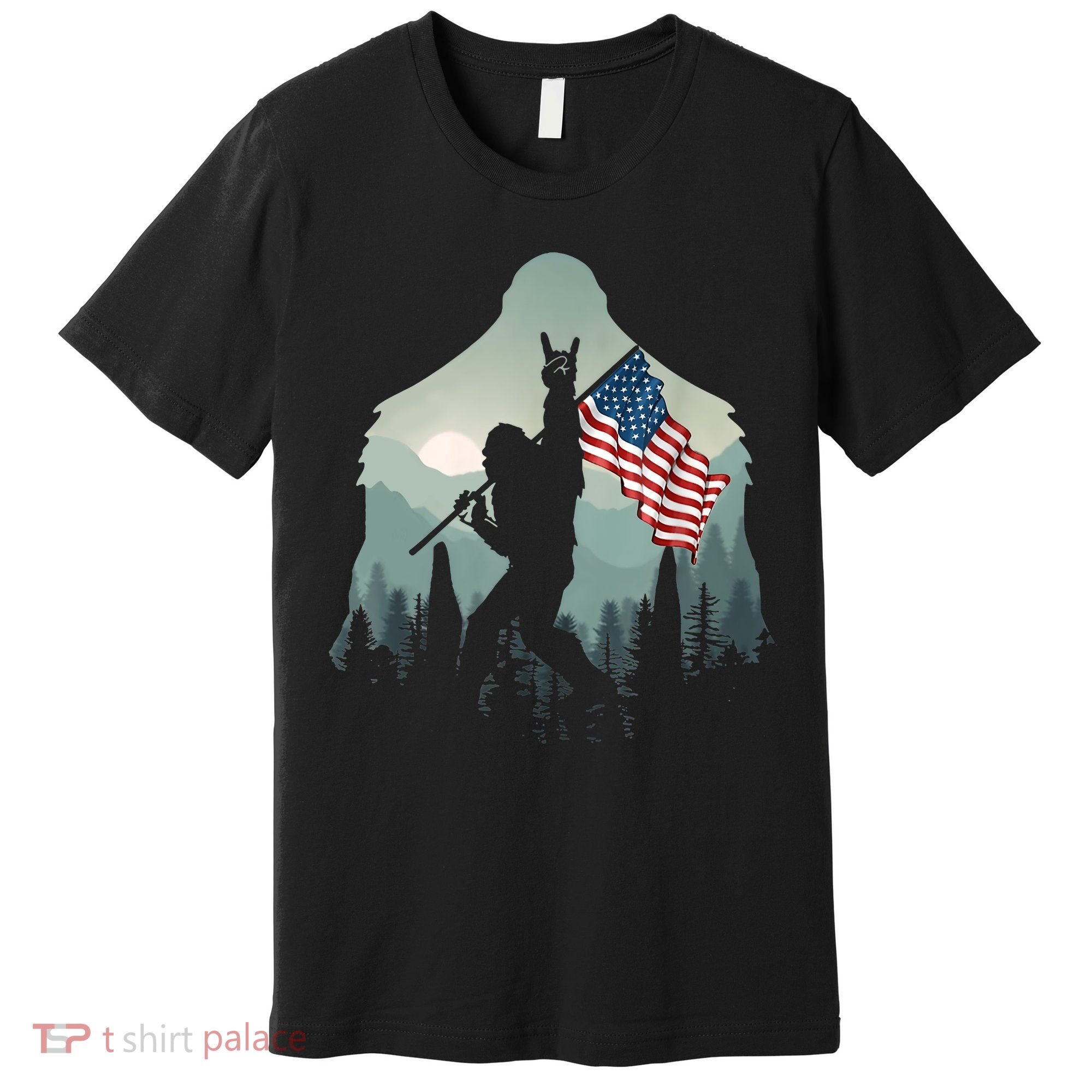 Funny Bigfoot Sasquatch Rock And Roll American Flags Tee Premium T-Shirt