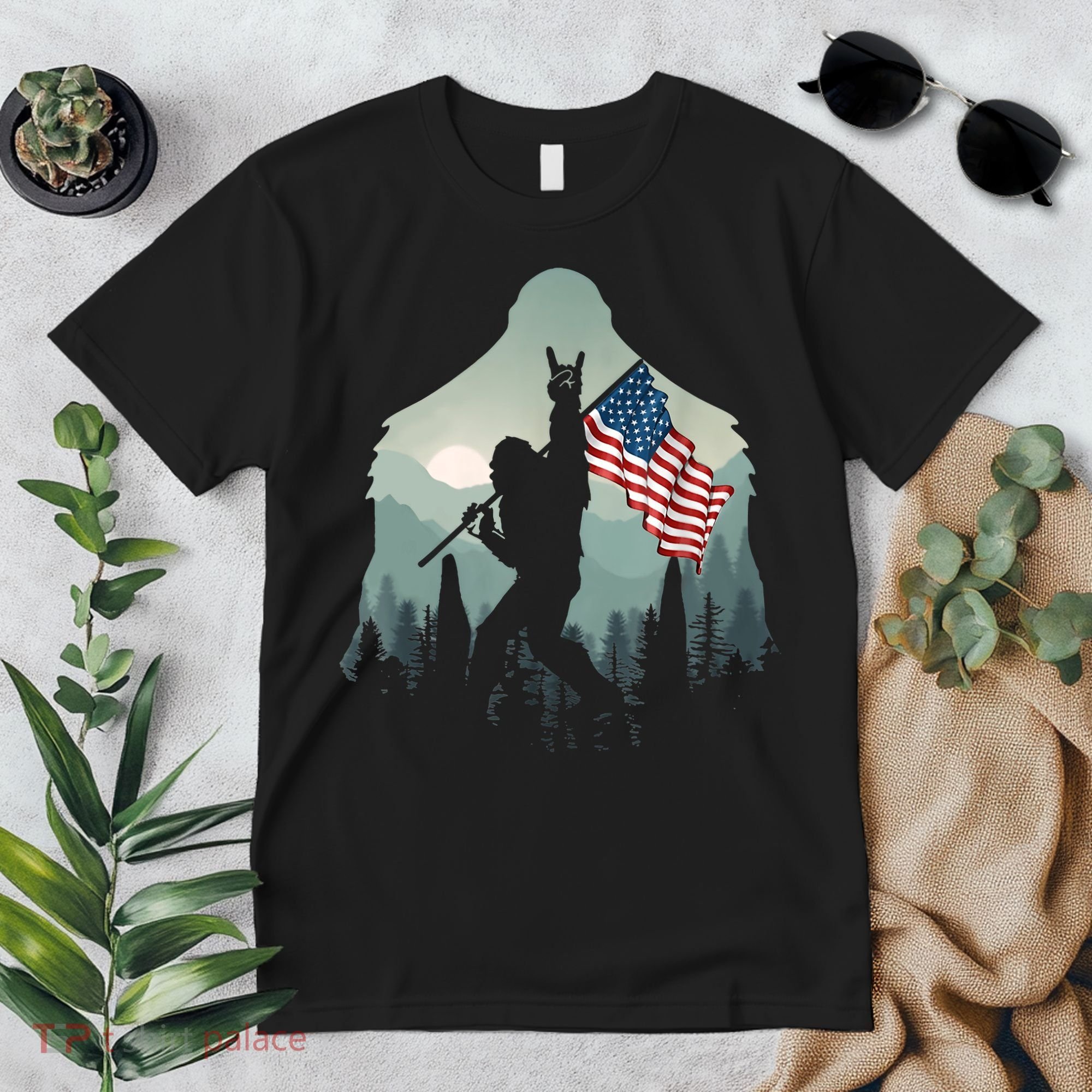 Funny Bigfoot Sasquatch Rock And Roll American Flags Tee Premium T-Shirt