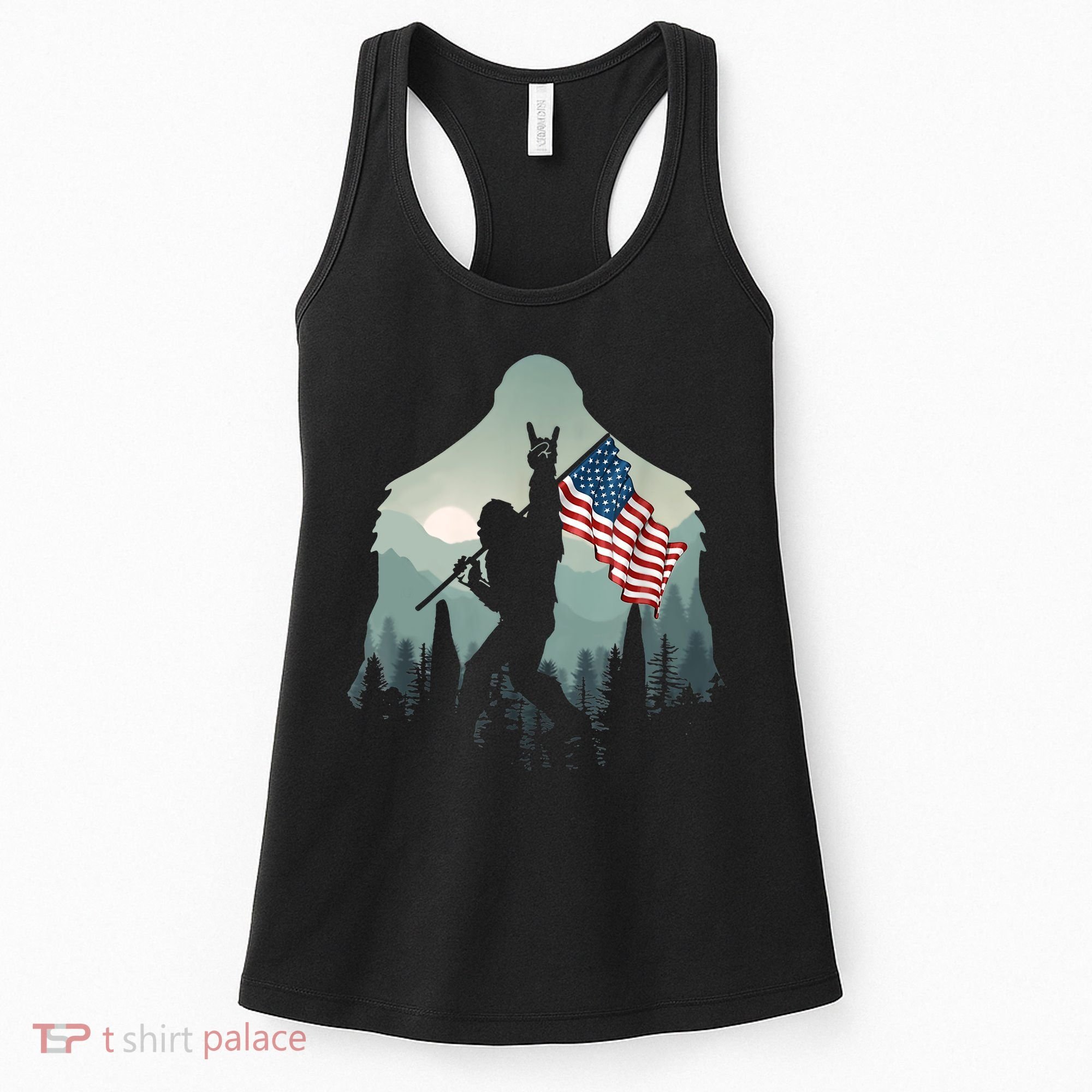 Funny Bigfoot Sasquatch Rock And Roll American Flags Tee Women's Tank Top