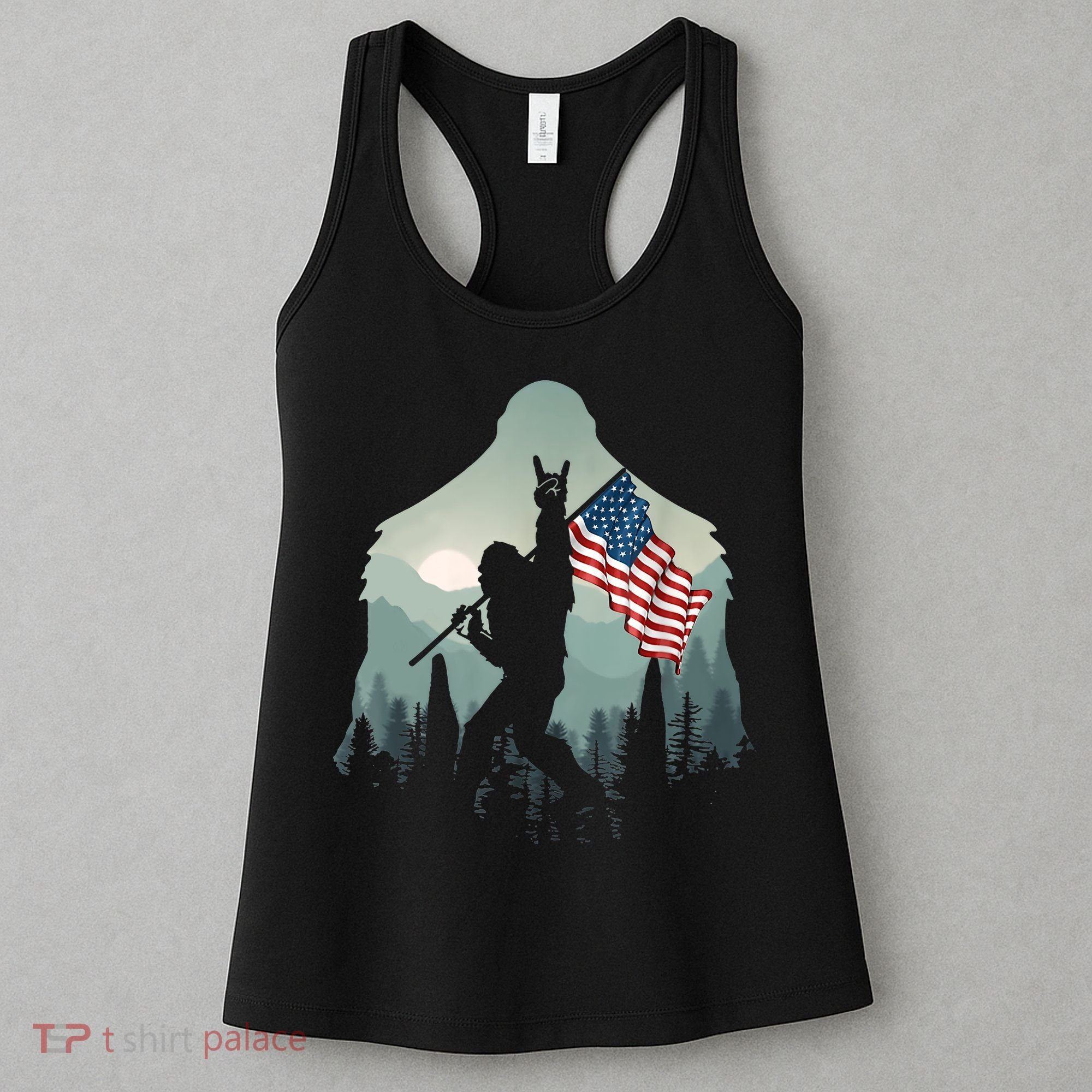 Funny Bigfoot Sasquatch Rock And Roll American Flags Tee Women's Tank Top