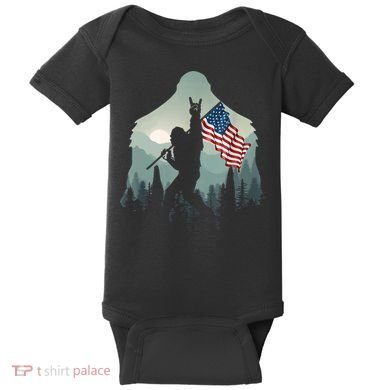 Funny Bigfoot Sasquatch Rock And Roll American Flags Tee Baby Bodysuit