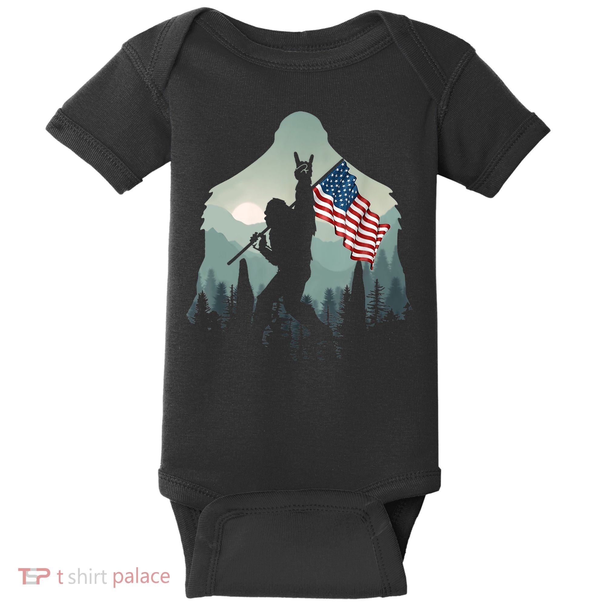 Funny Bigfoot Sasquatch Rock And Roll American Flags Tee Baby Bodysuit
