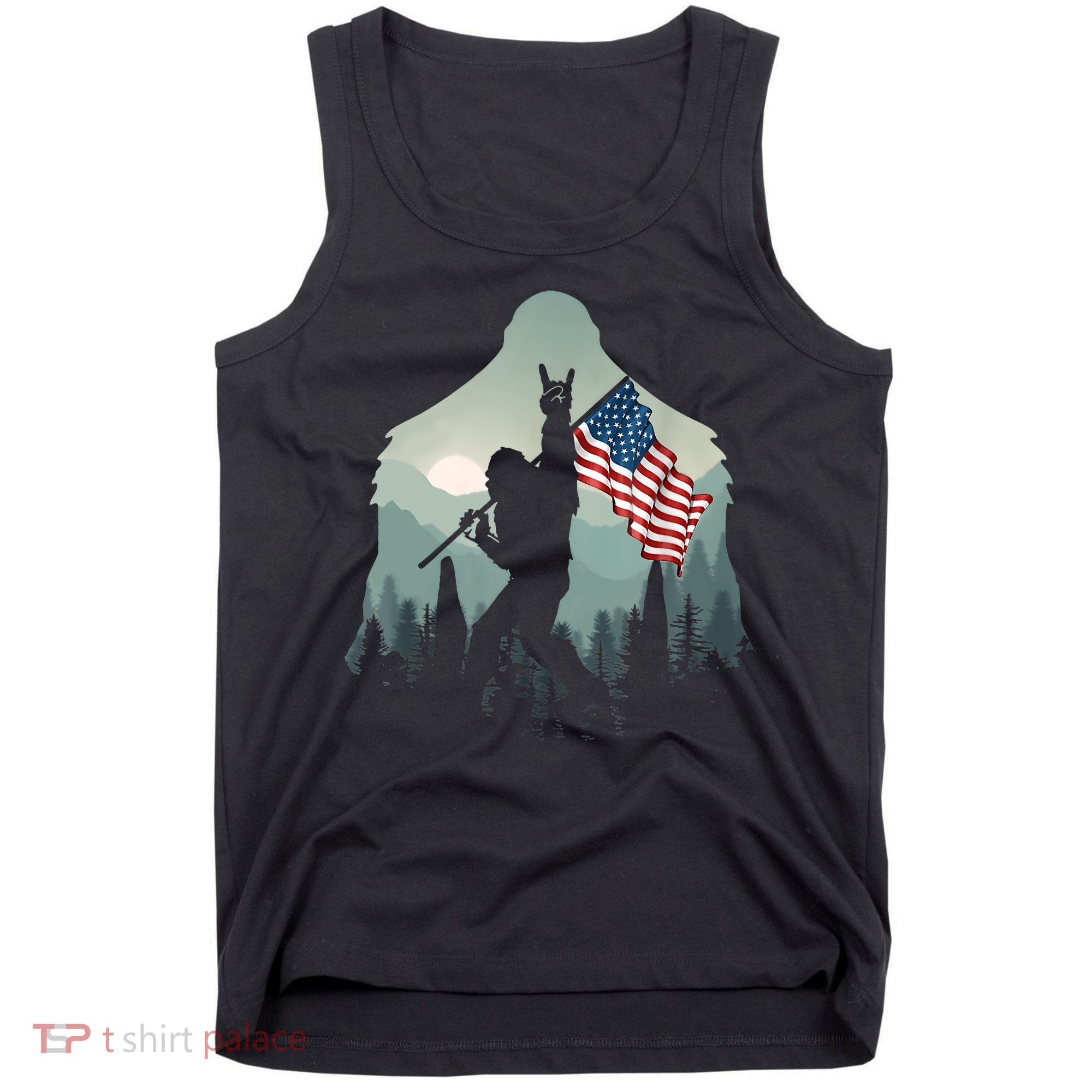 Funny Bigfoot Sasquatch Rock And Roll American Flags Tee Tank Top
