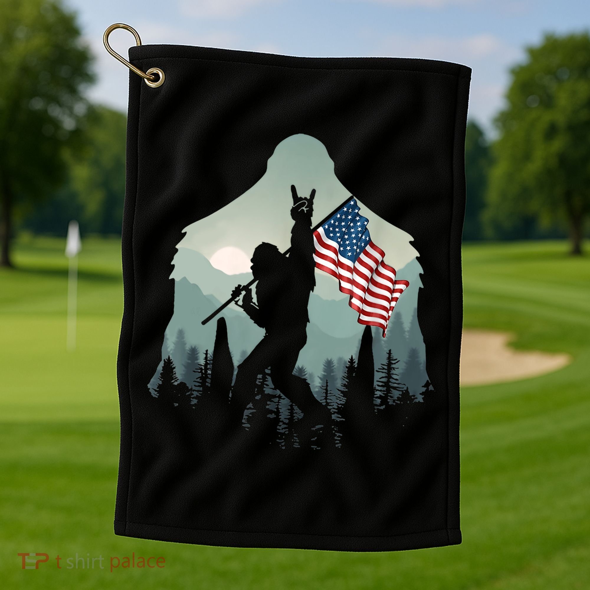 Funny Bigfoot Sasquatch Rock And Roll American Flags Tee Golf Towel