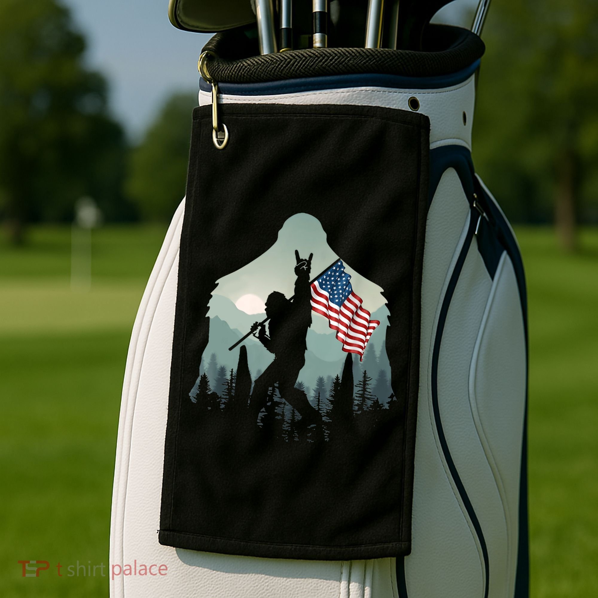 Funny Bigfoot Sasquatch Rock And Roll American Flags Tee Golf Towel