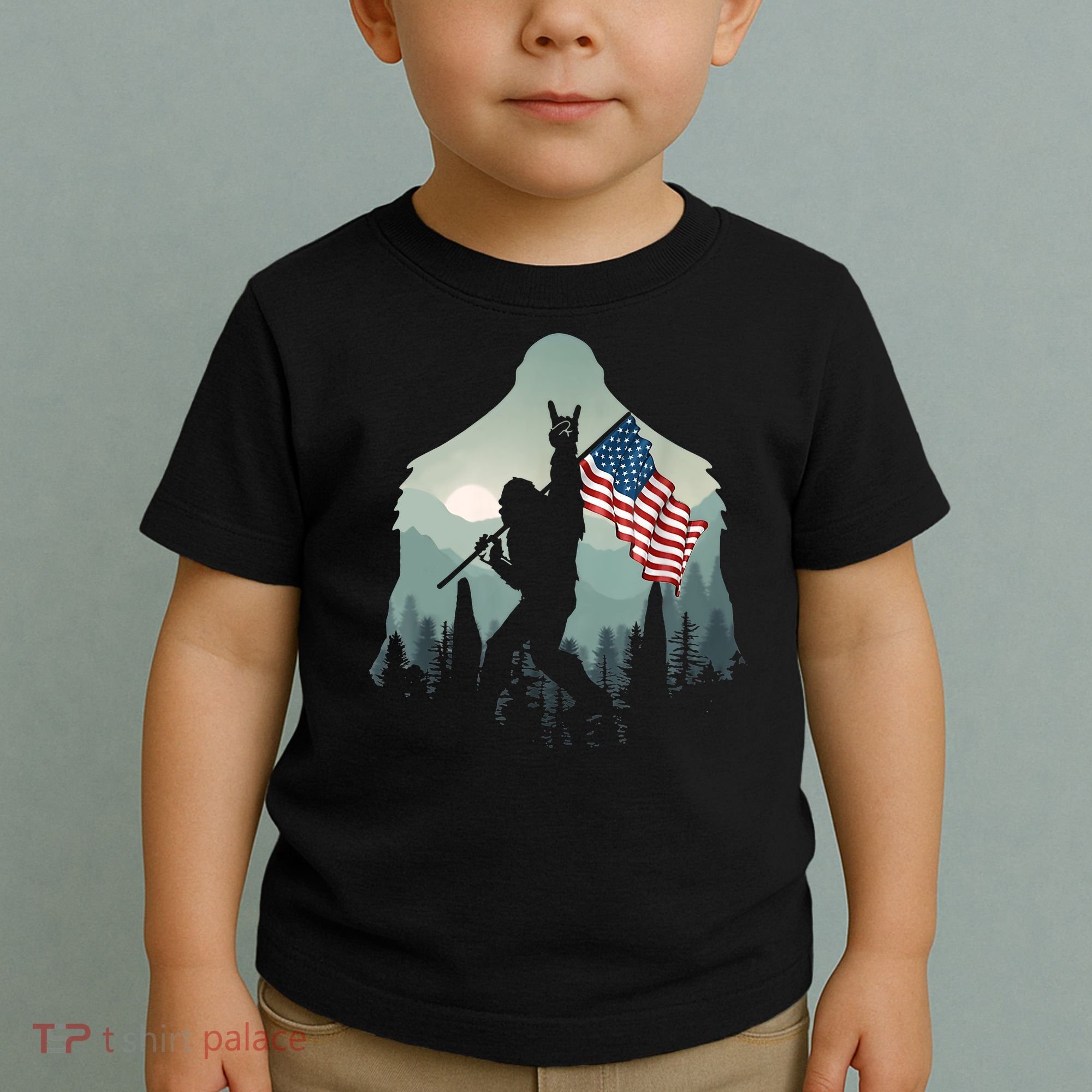 Funny Bigfoot Sasquatch Rock And Roll American Flags Tee Toddler T-Shirt