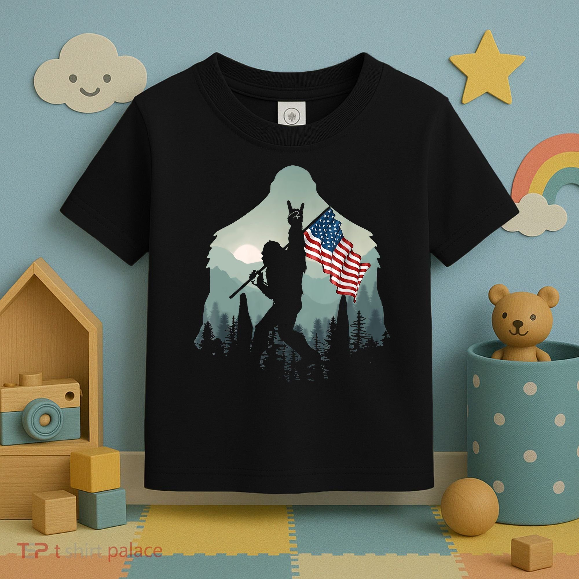 Funny Bigfoot Sasquatch Rock And Roll American Flags Tee Toddler T-Shirt