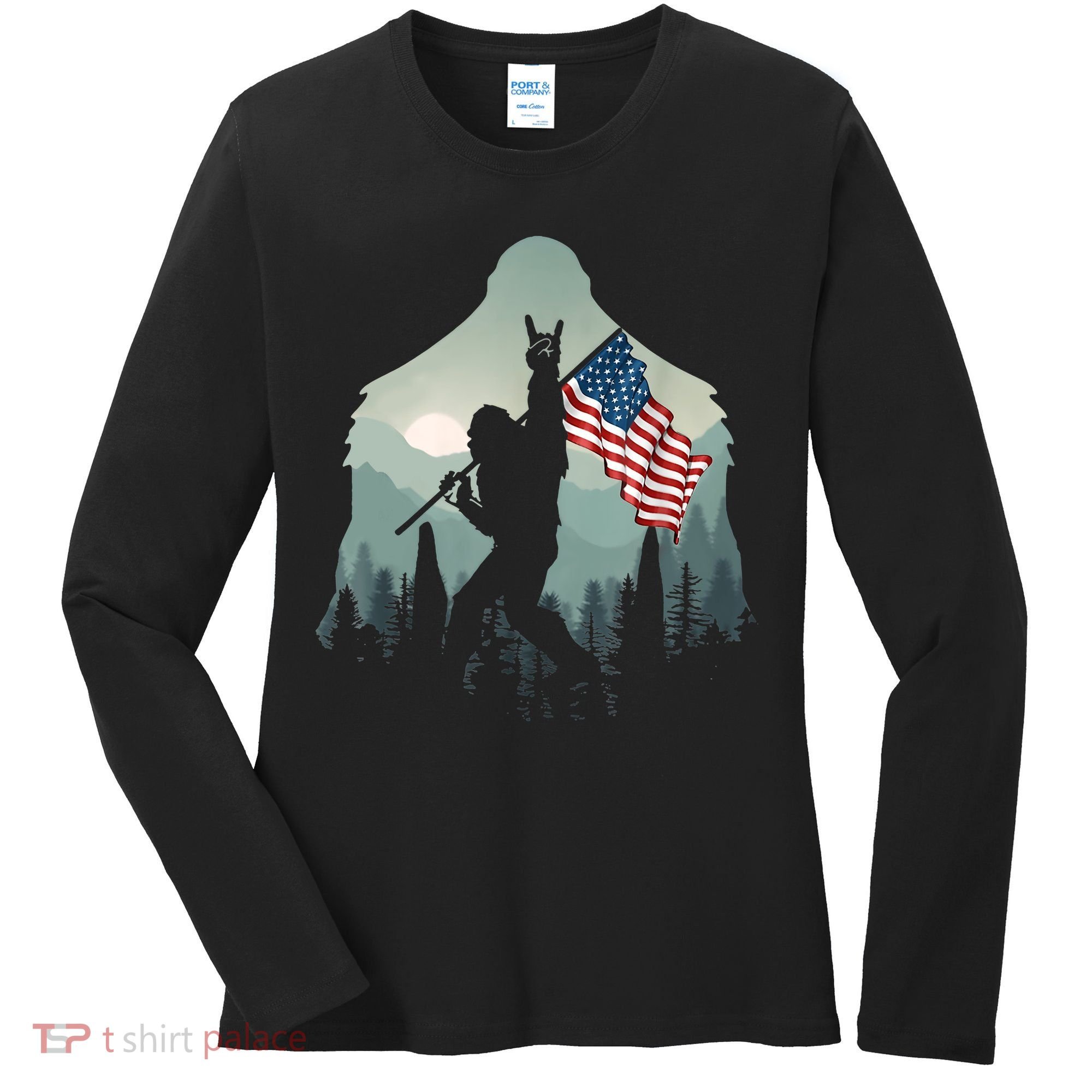 Funny Bigfoot Sasquatch Rock And Roll American Flags Tee Women's Long Sleeve Shirt