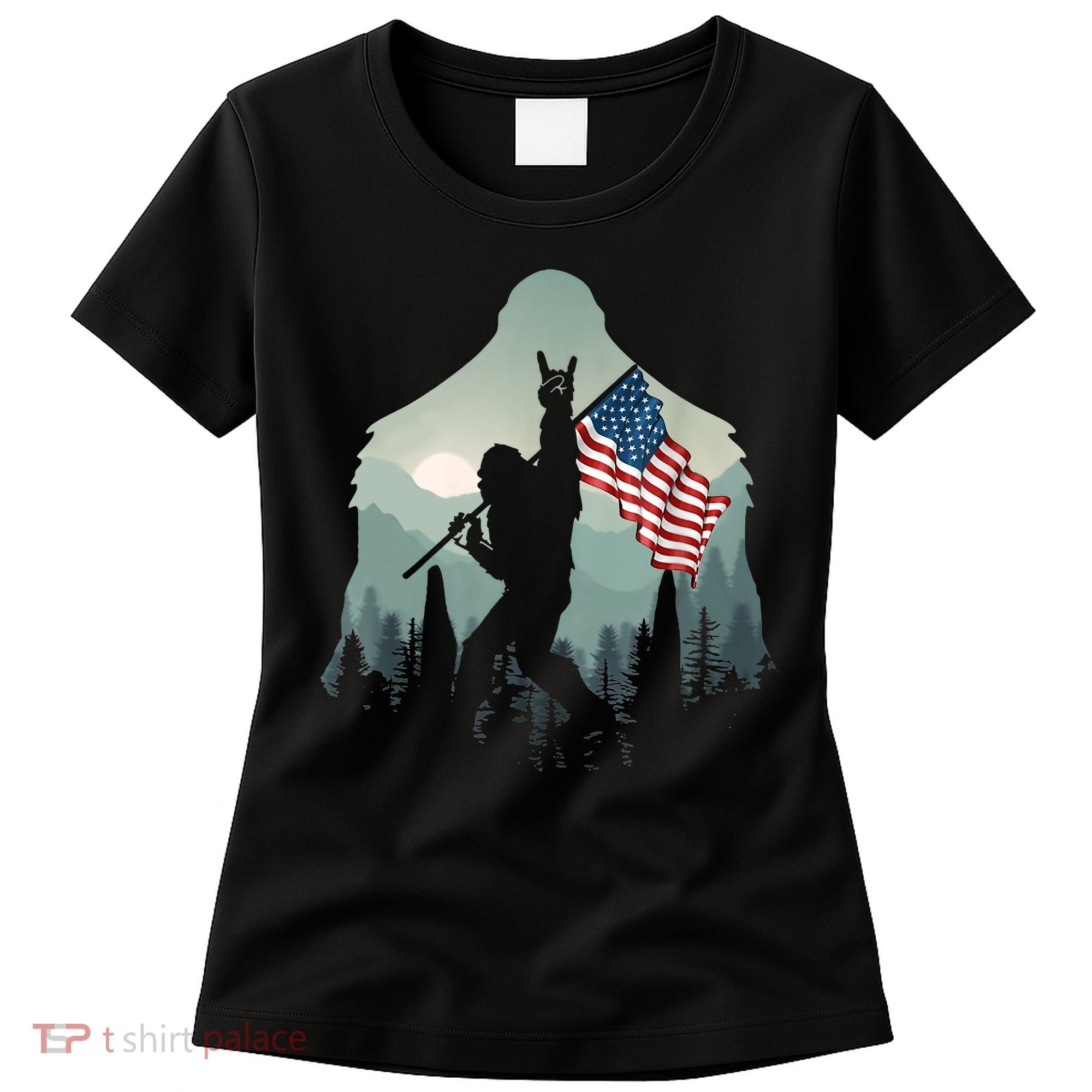 Funny Bigfoot Sasquatch Rock And Roll American Flags Tee Women's T-Shirt