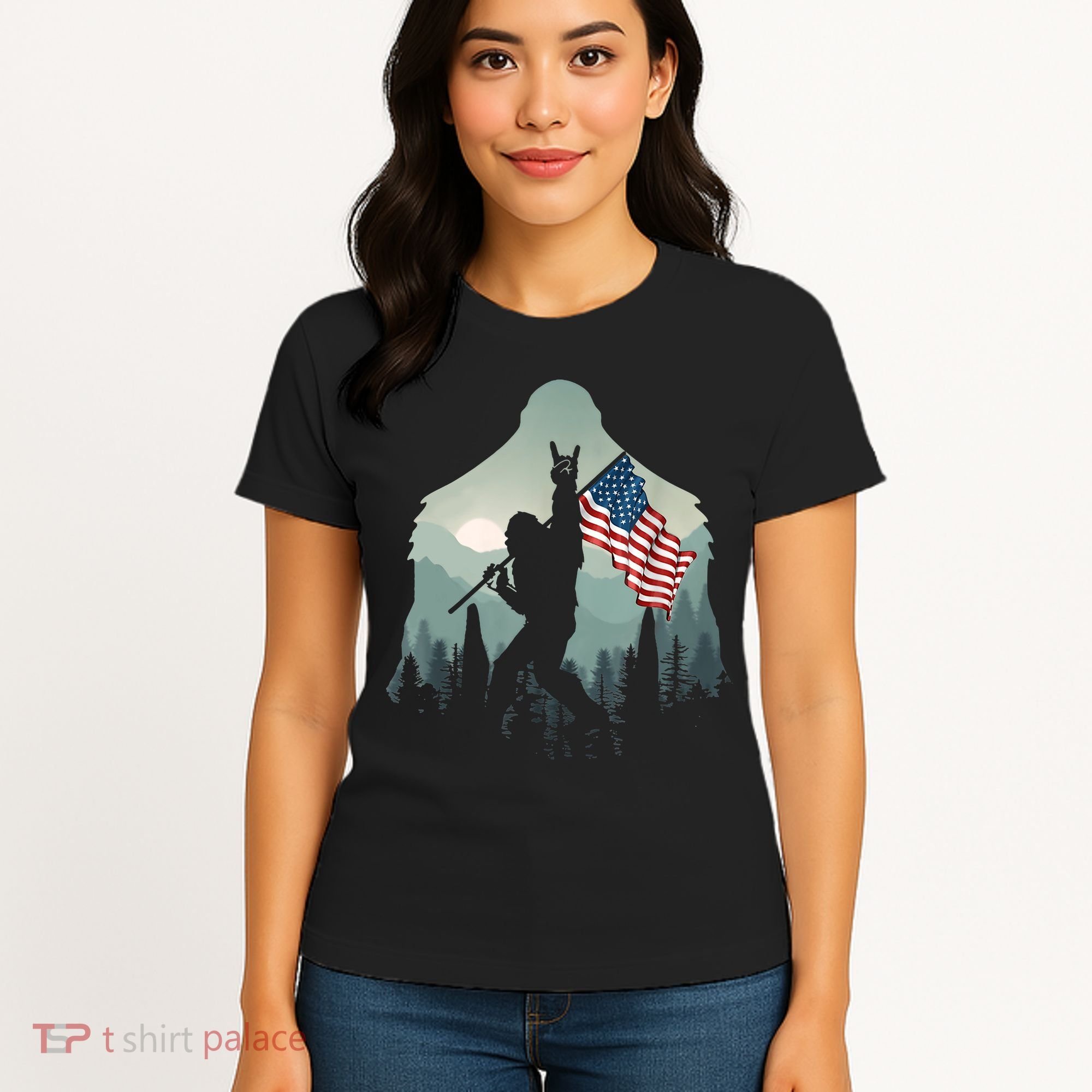 Funny Bigfoot Sasquatch Rock And Roll American Flags Tee Women's T-Shirt