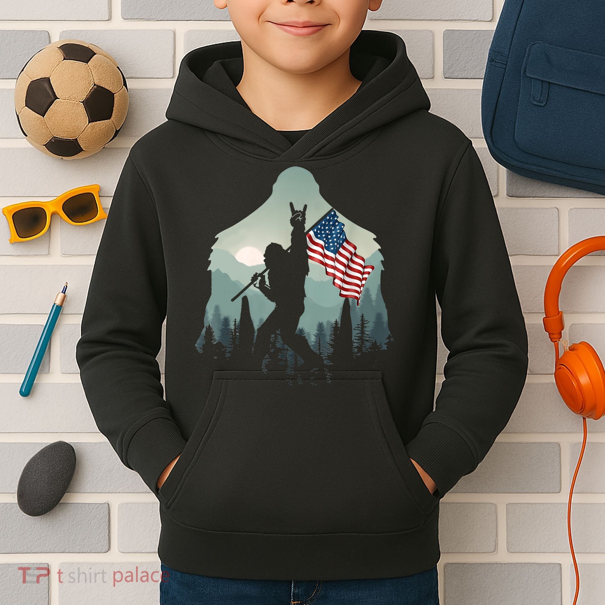 Funny Bigfoot Sasquatch Rock And Roll American Flags Tee Kids Hoodie