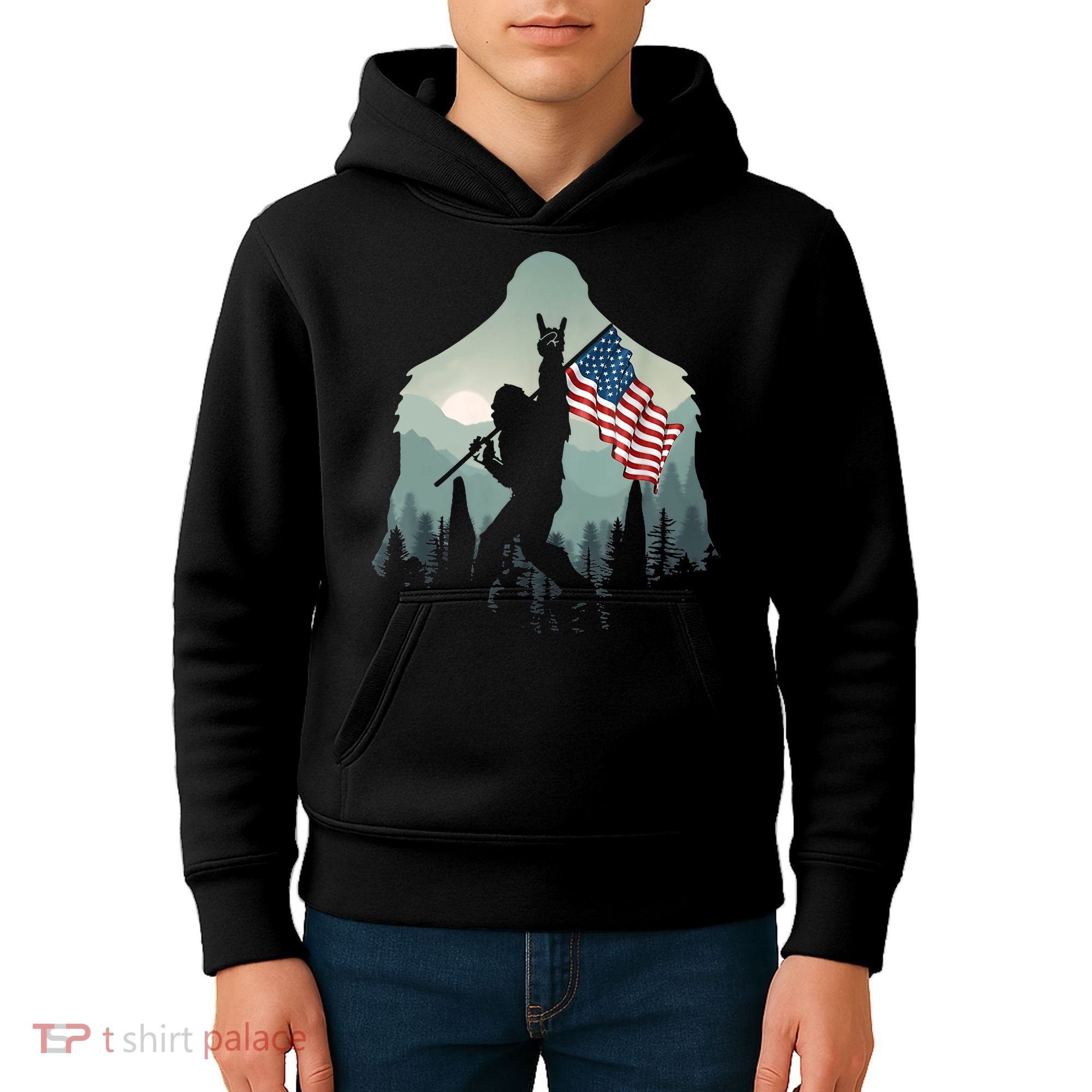Funny Bigfoot Sasquatch Rock And Roll American Flags Tee Kids Hoodie