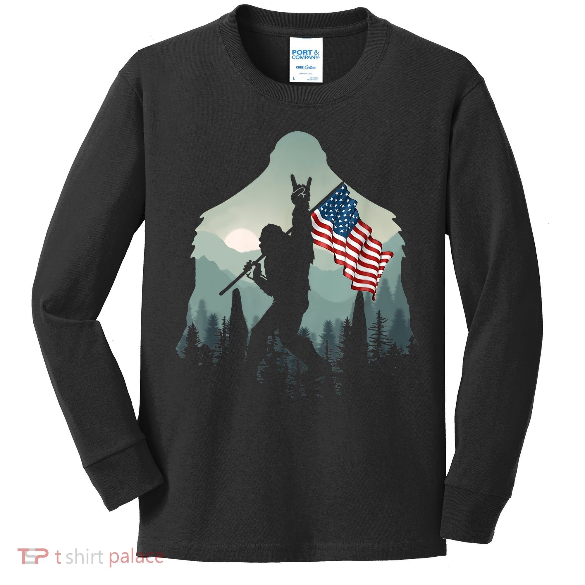 Funny Bigfoot Sasquatch Rock And Roll American Flags Tee Kids Long Sleeve Shirt
