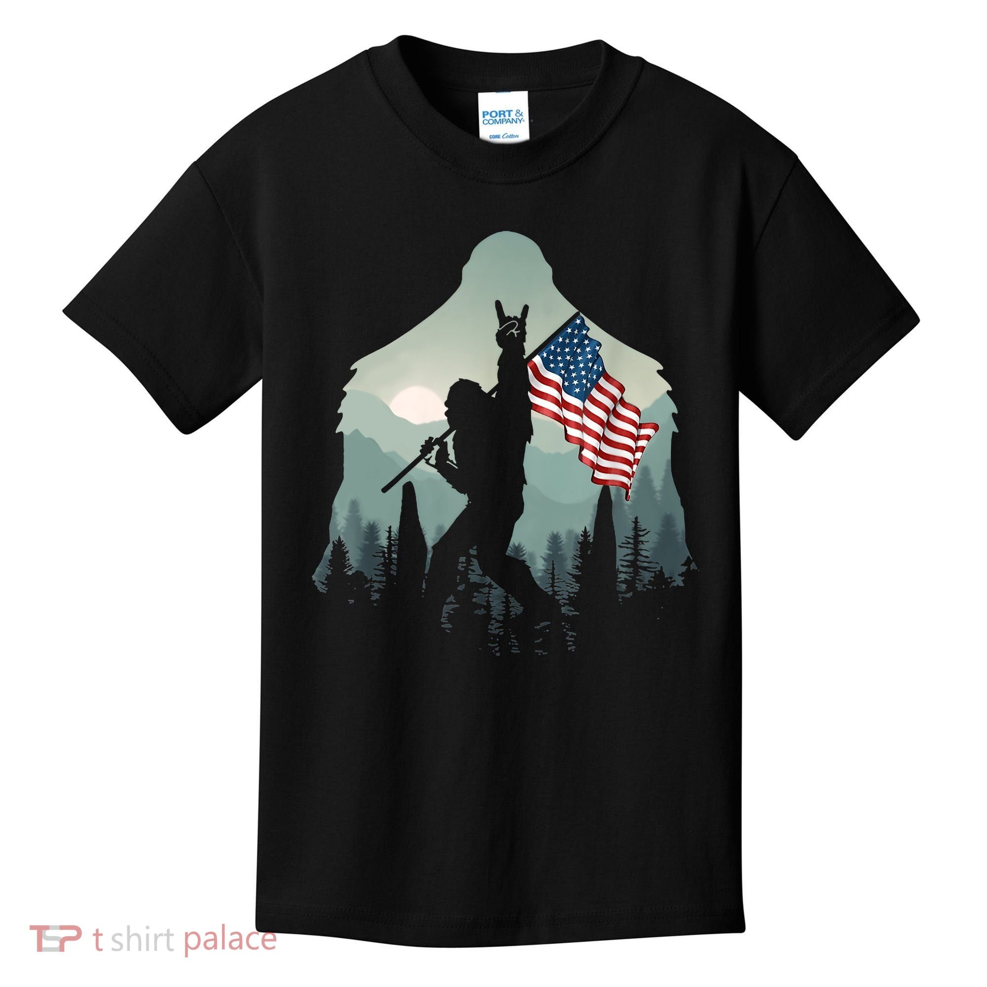 Funny Bigfoot Sasquatch Rock And Roll American Flags Tee Kids T-Shirt