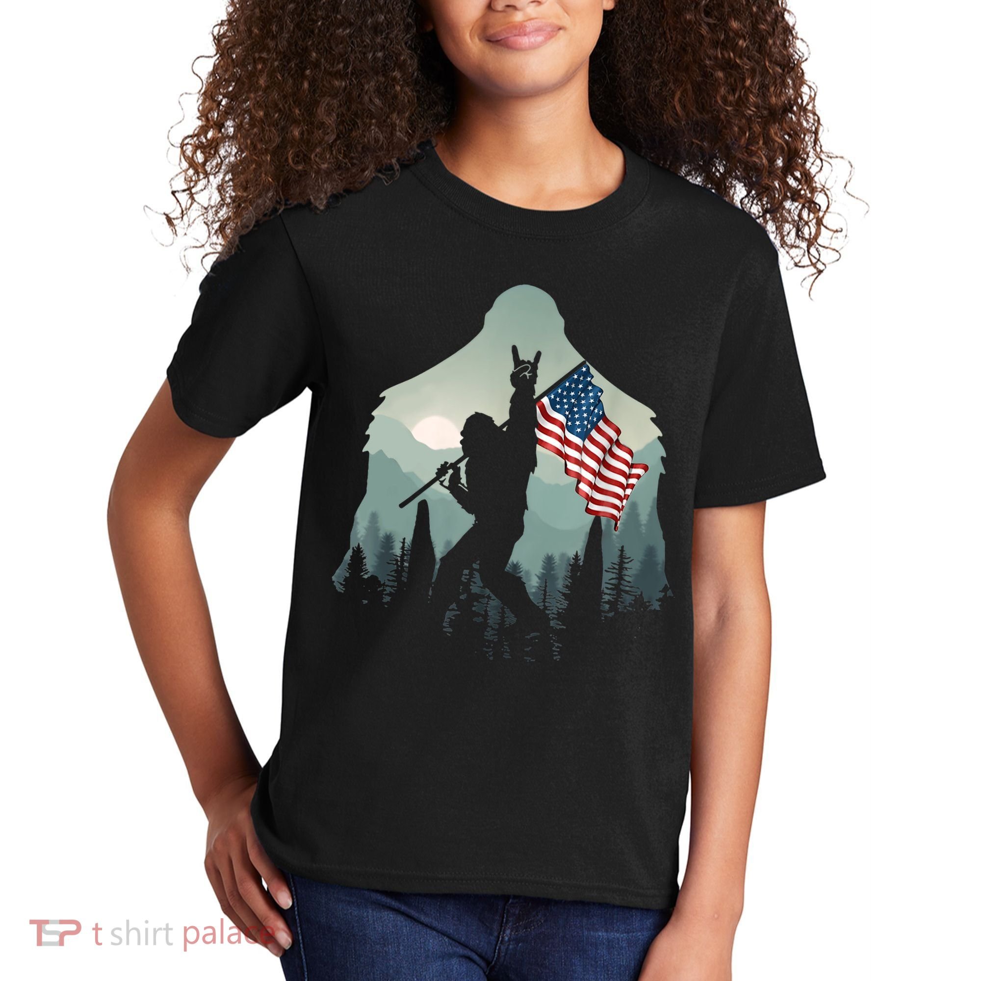 Funny Bigfoot Sasquatch Rock And Roll American Flags Tee Kids T-Shirt
