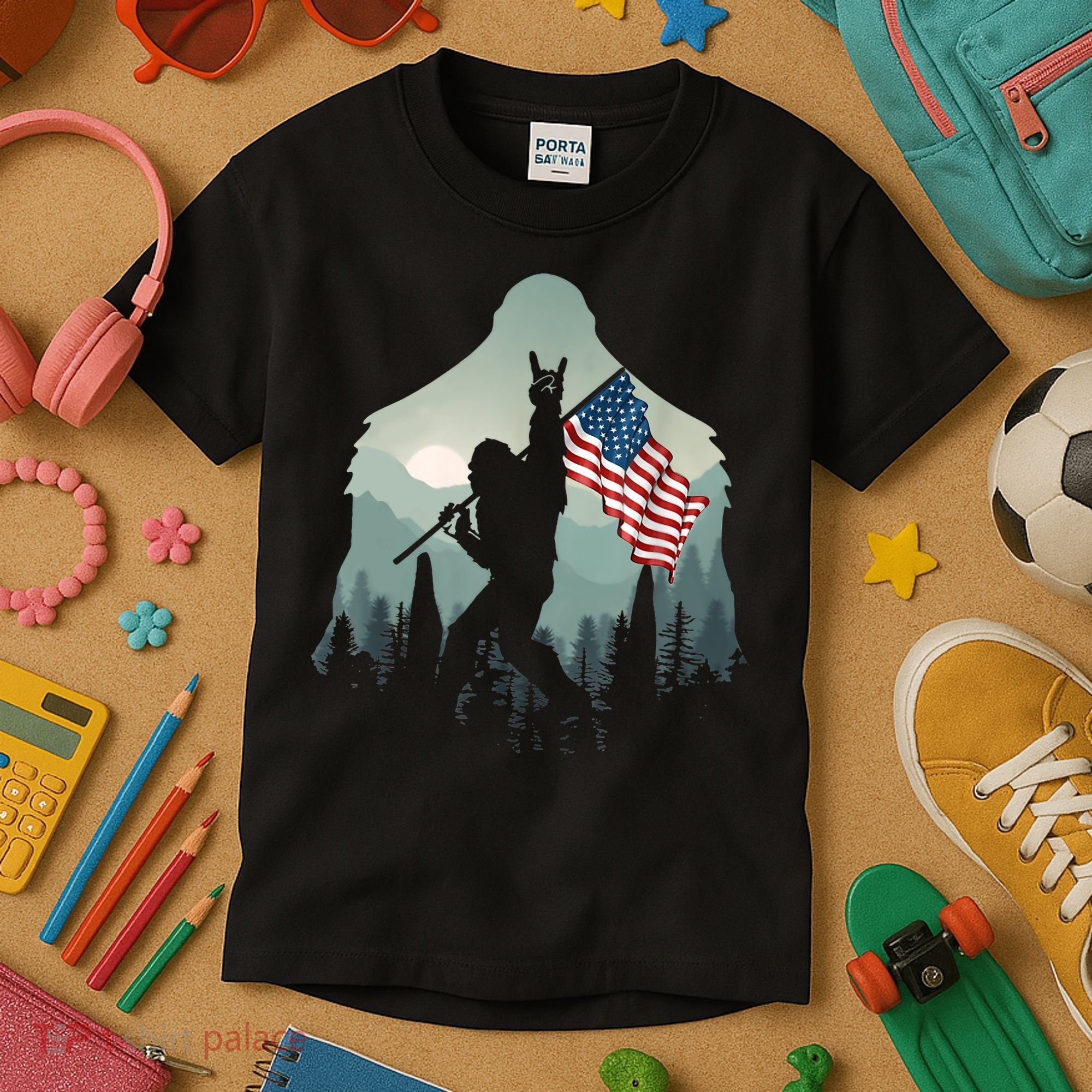 Funny Bigfoot Sasquatch Rock And Roll American Flags Tee Kids T-Shirt
