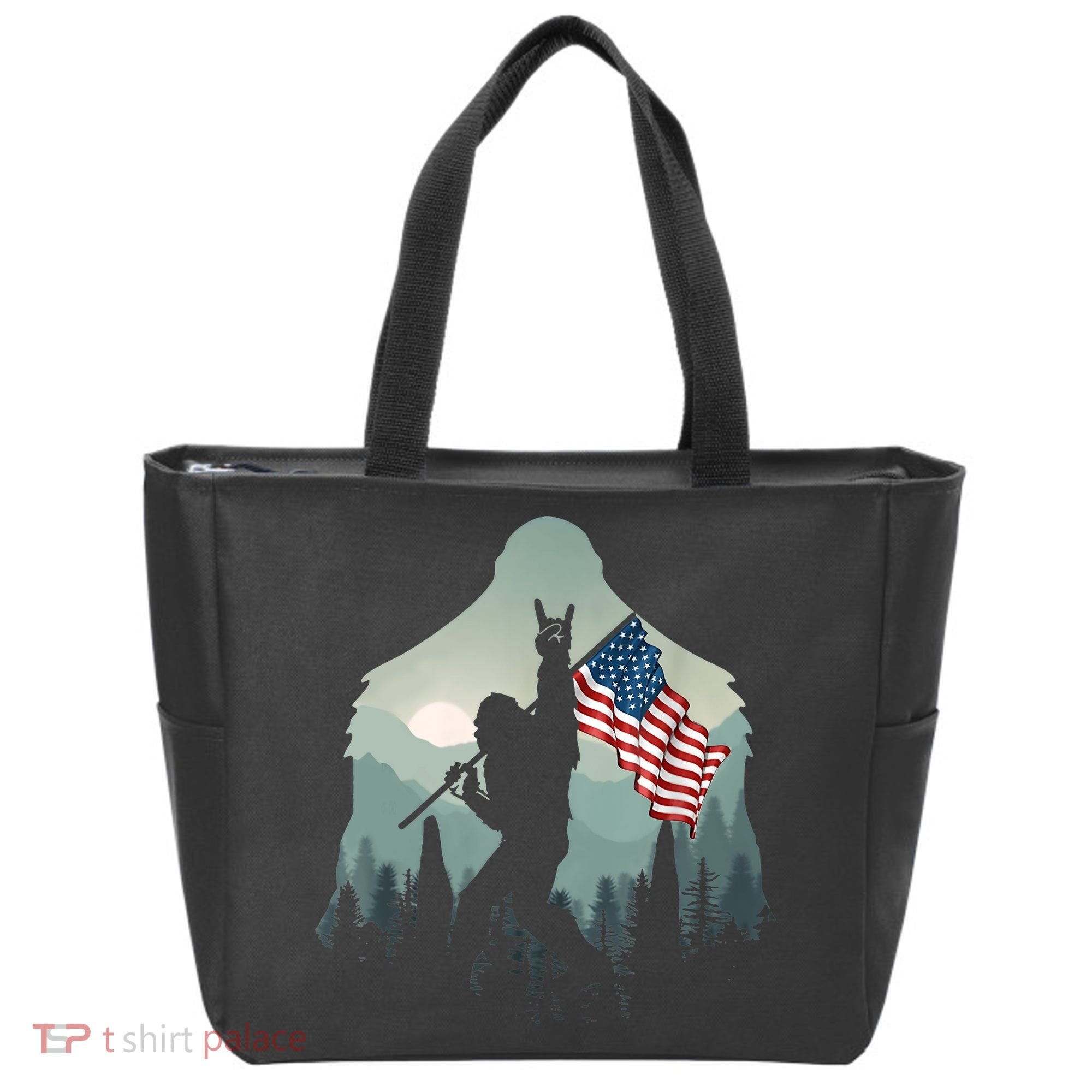 Funny Bigfoot Sasquatch Rock And Roll American Flags Tee Tote Bag