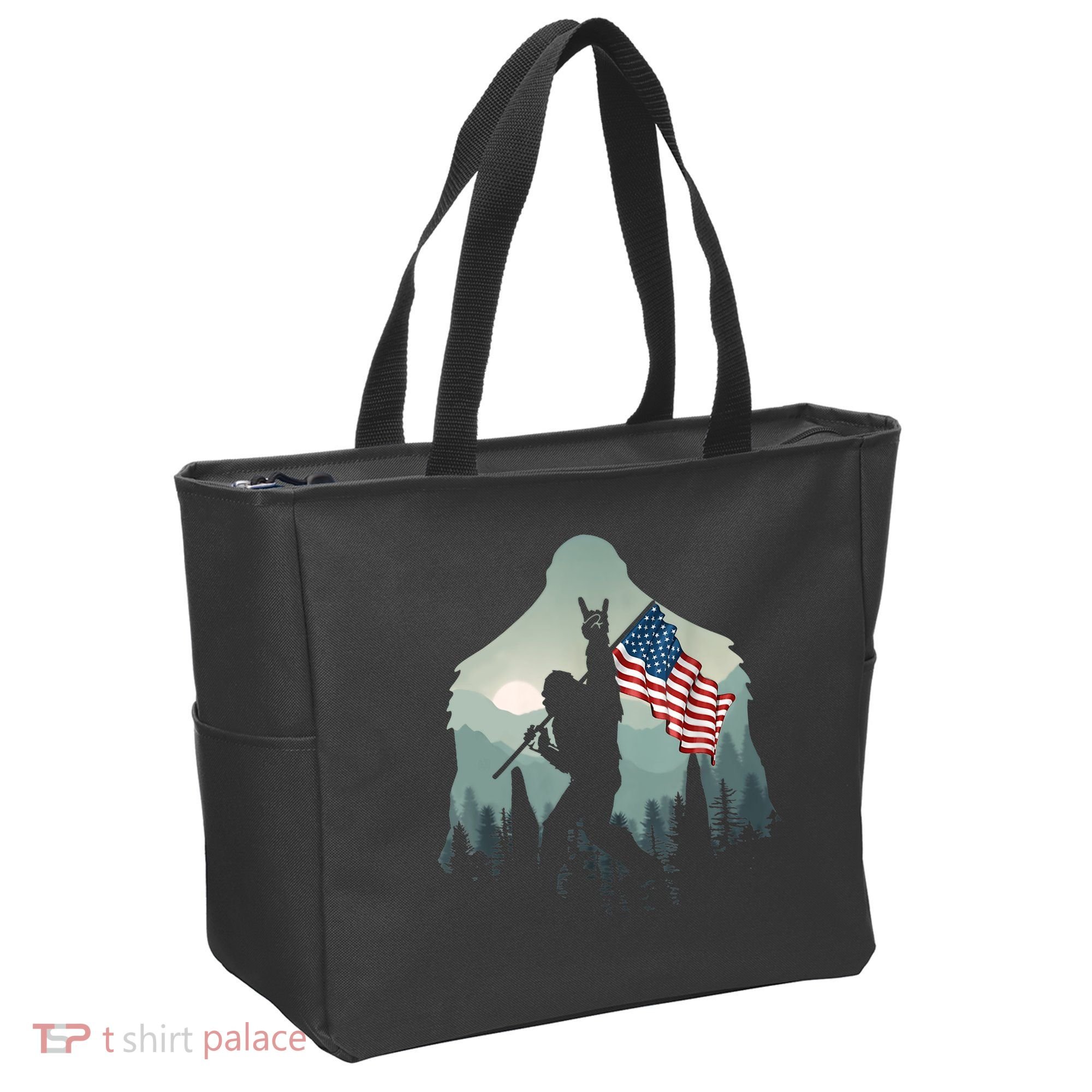 Funny Bigfoot Sasquatch Rock And Roll American Flags Tee Tote Bag