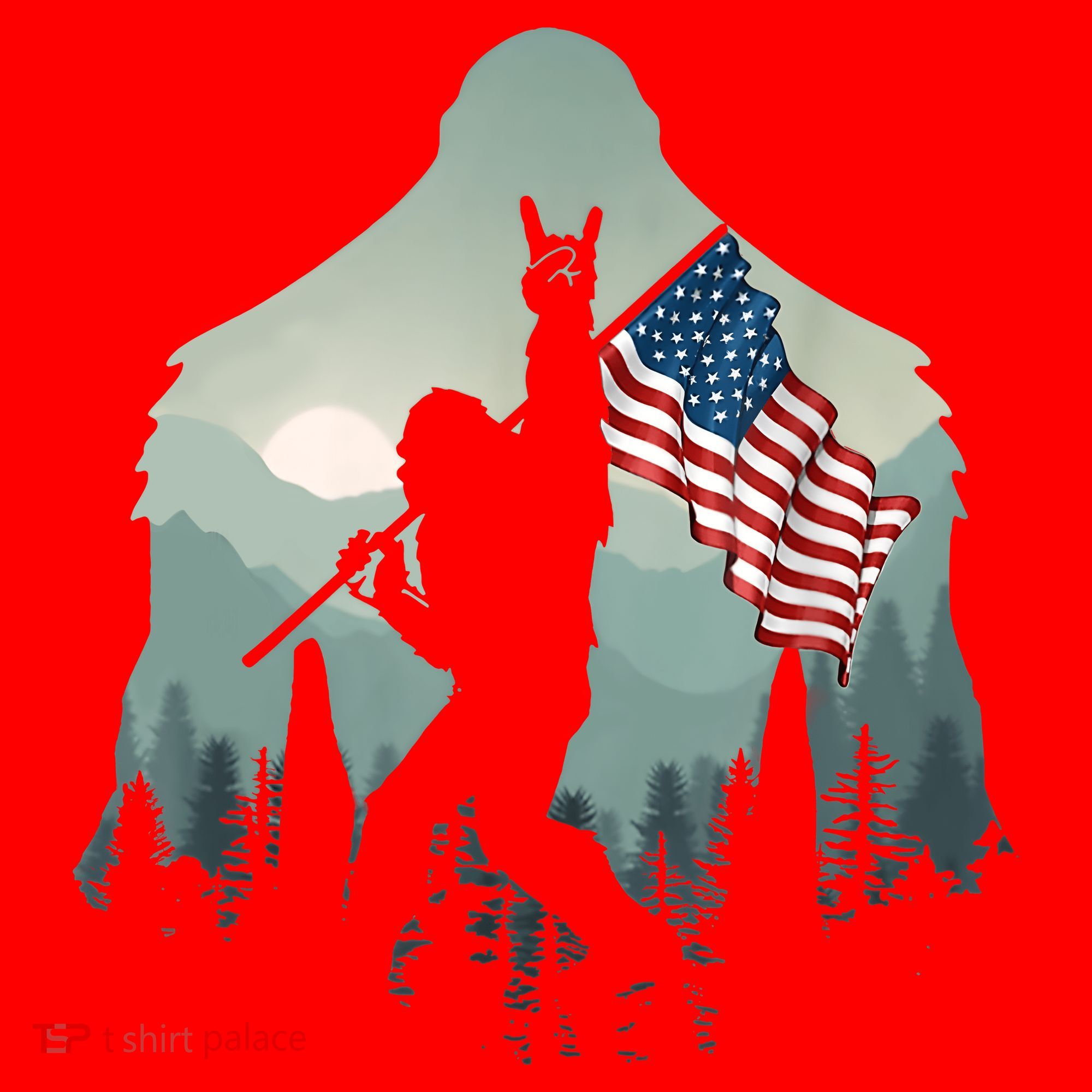 Funny Bigfoot Sasquatch Rock And Roll American Flags Tee Santa Hat