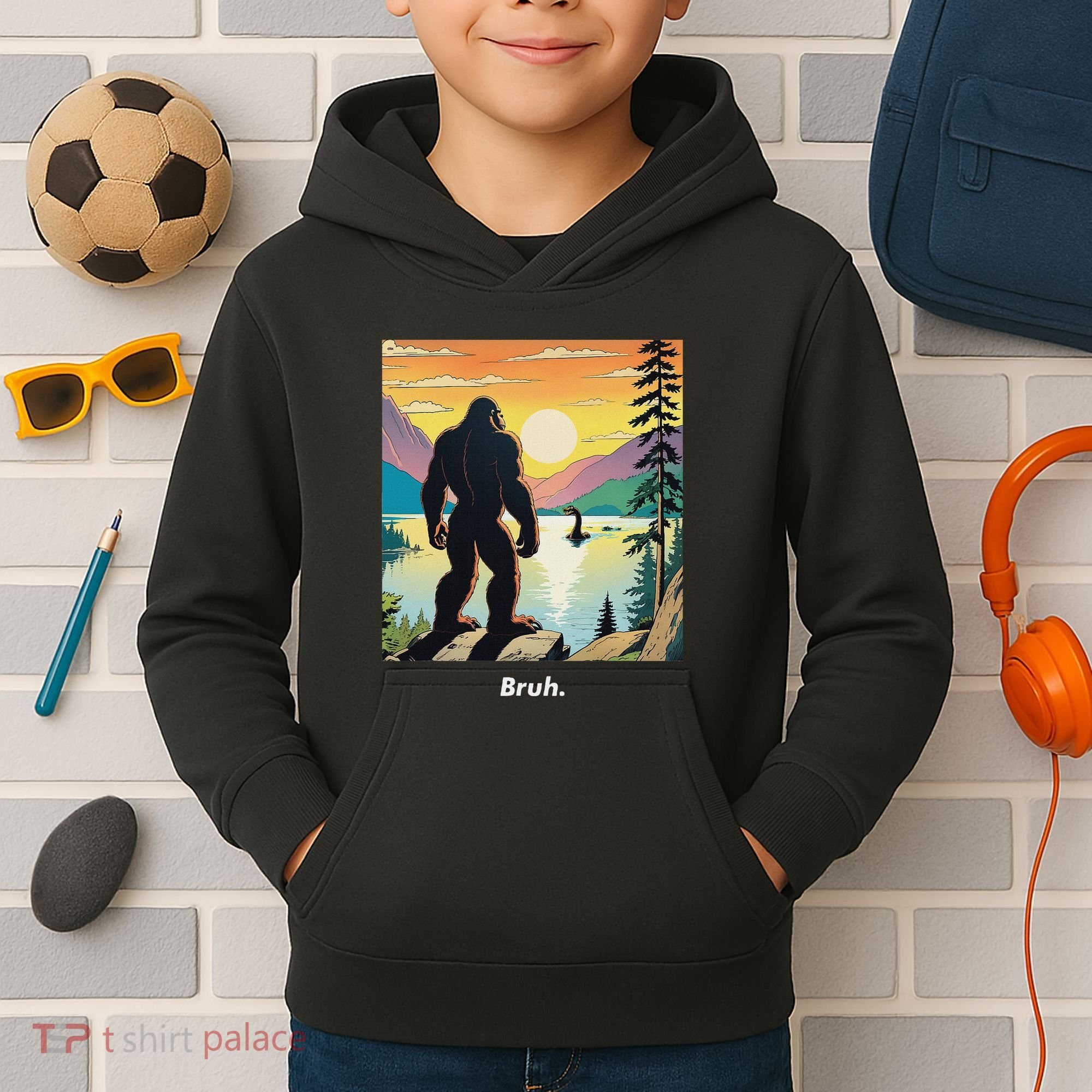 Funny Bigfoot Sasquatch Loch Ness Monster Bruh Kids Hoodie