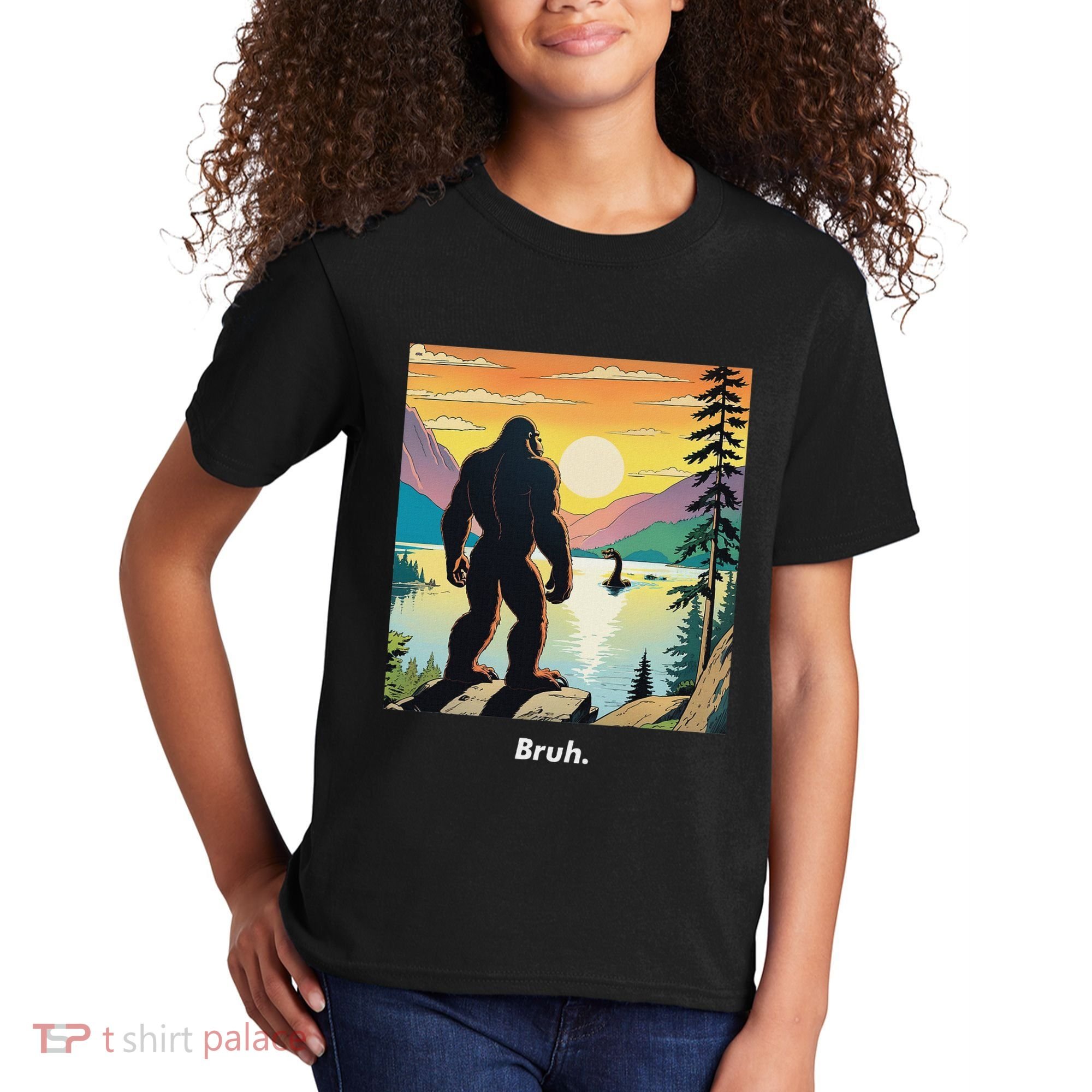 Funny Bigfoot Sasquatch Loch Ness Monster Bruh Kids T-Shirt