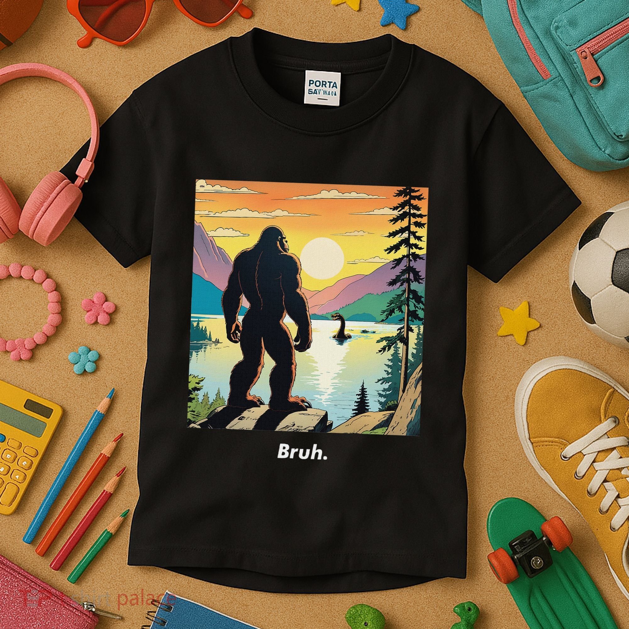 Funny Bigfoot Sasquatch Loch Ness Monster Bruh Kids T-Shirt