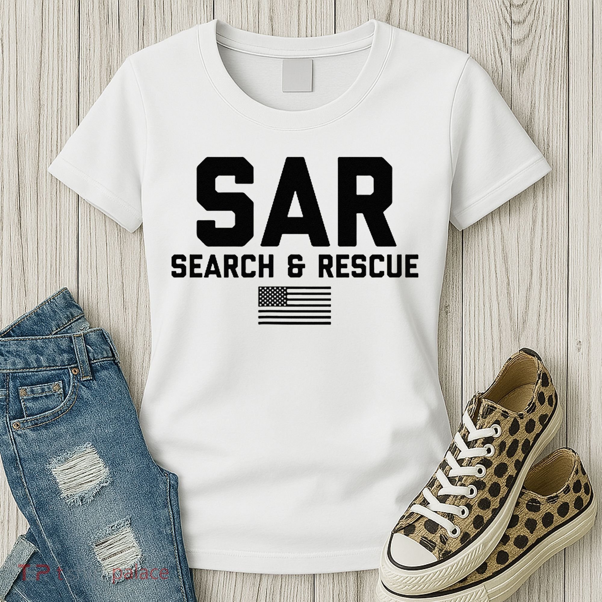 FRONT & BACK Search And Rescue American Flag SAR Team Women's T-Shirt